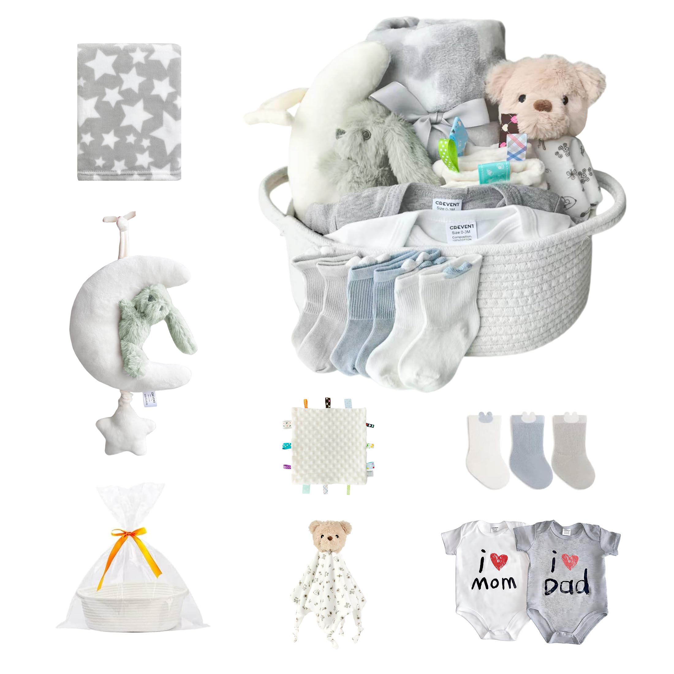 CREVENT Juego de regalo para niñas y niños, cesta organizadora de pañales con 1 manta, 1 etiqueta, 1 Lovey, 3 calcetines, 2 mamelucos para bebé, 1 móvil para cuna, 1 bolsa de regalo, esencial para