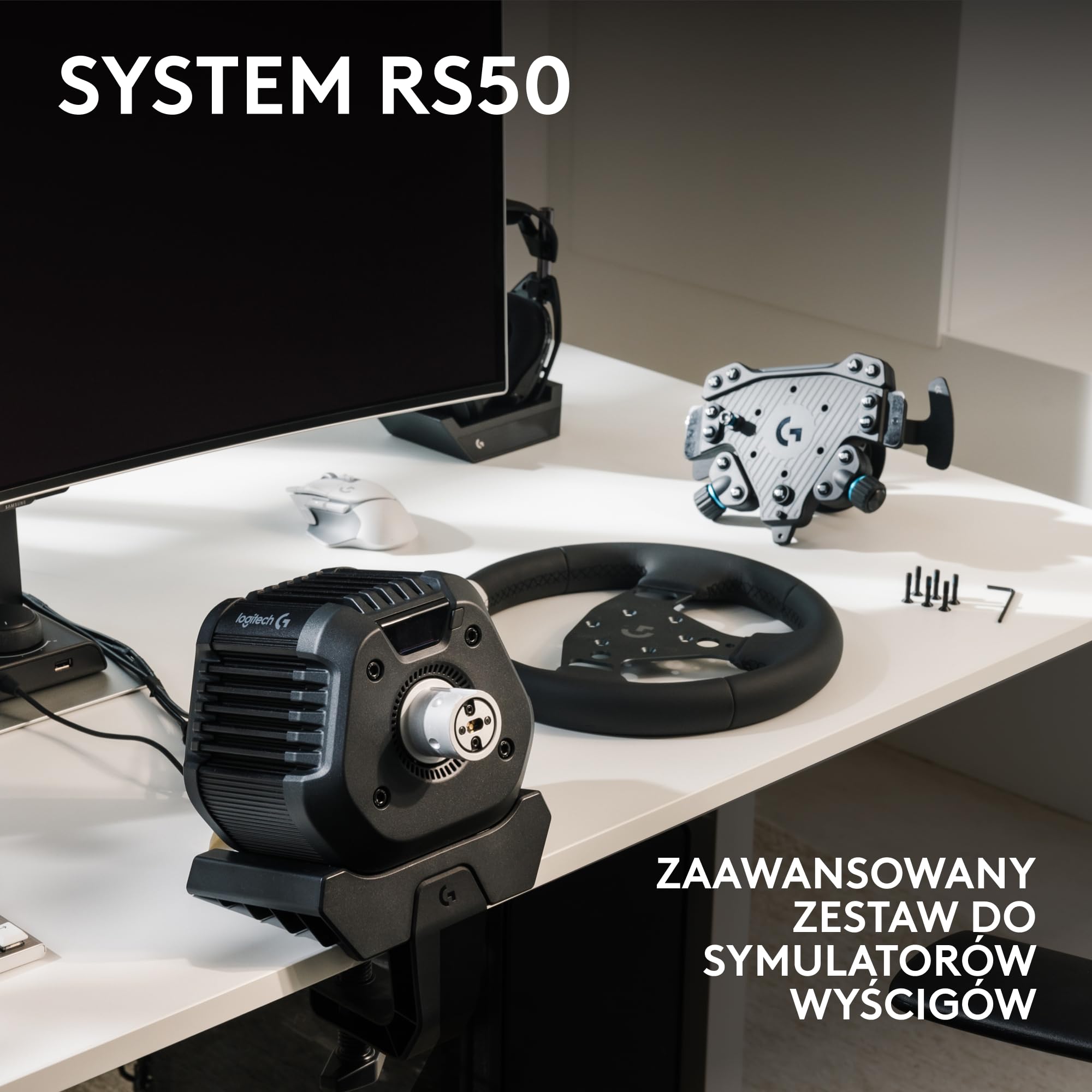 Logitech G RS50 System, 3-szt zestaw do symulatorów wyścigów | Baza RS50 direct drive 8Nm, RS Wheel Hub, 13 przycisków, kierownica RS Round Wheel 28 cm – PS5/PS4/PC - Czarny