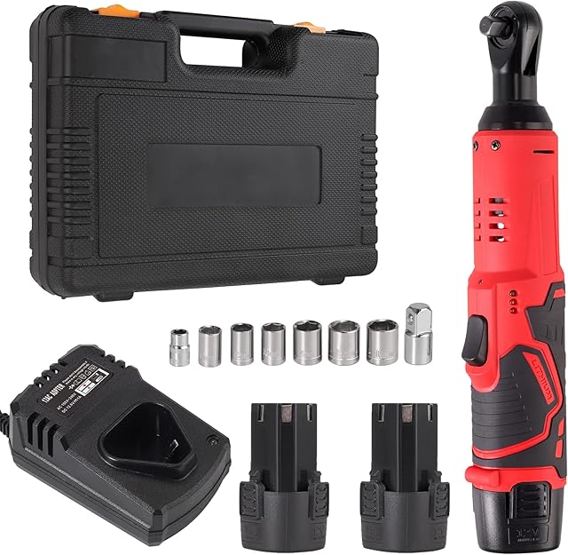 Cordless Electric Ratchet Wrench, JUSTOOL 3/8" 33 Ft-lbs 12V Power Wrench Tool Kit with 2 Packs Batteries, Fast Charge, Variable Speed Trigger, 8 Sockets, Case