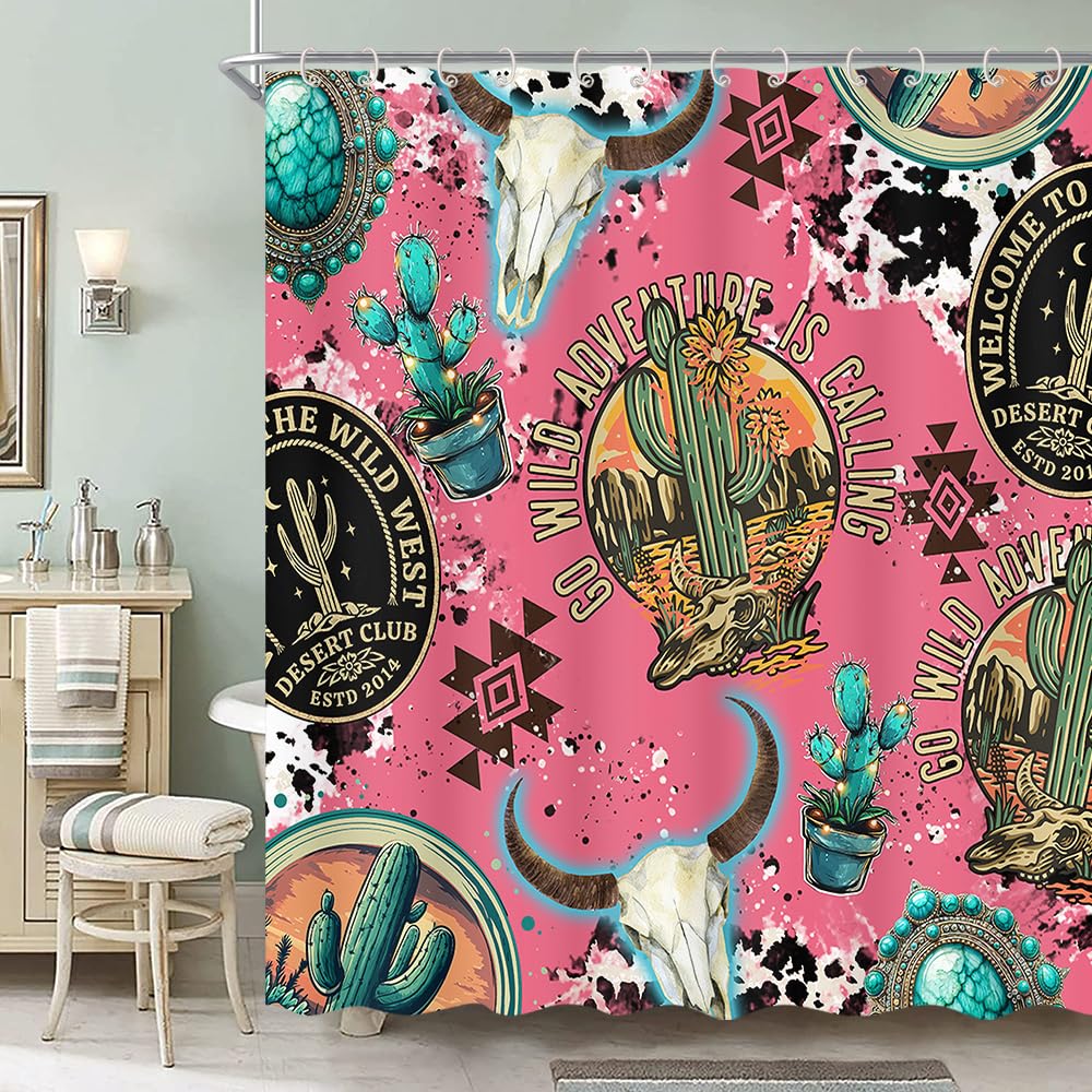 Dongbei Western Shower Curtain for Bathroom Pink Funny Southwestern Shower Curtains Set with Cow Skull Cactus Country Ranch Desert Cowboy Bath Decor