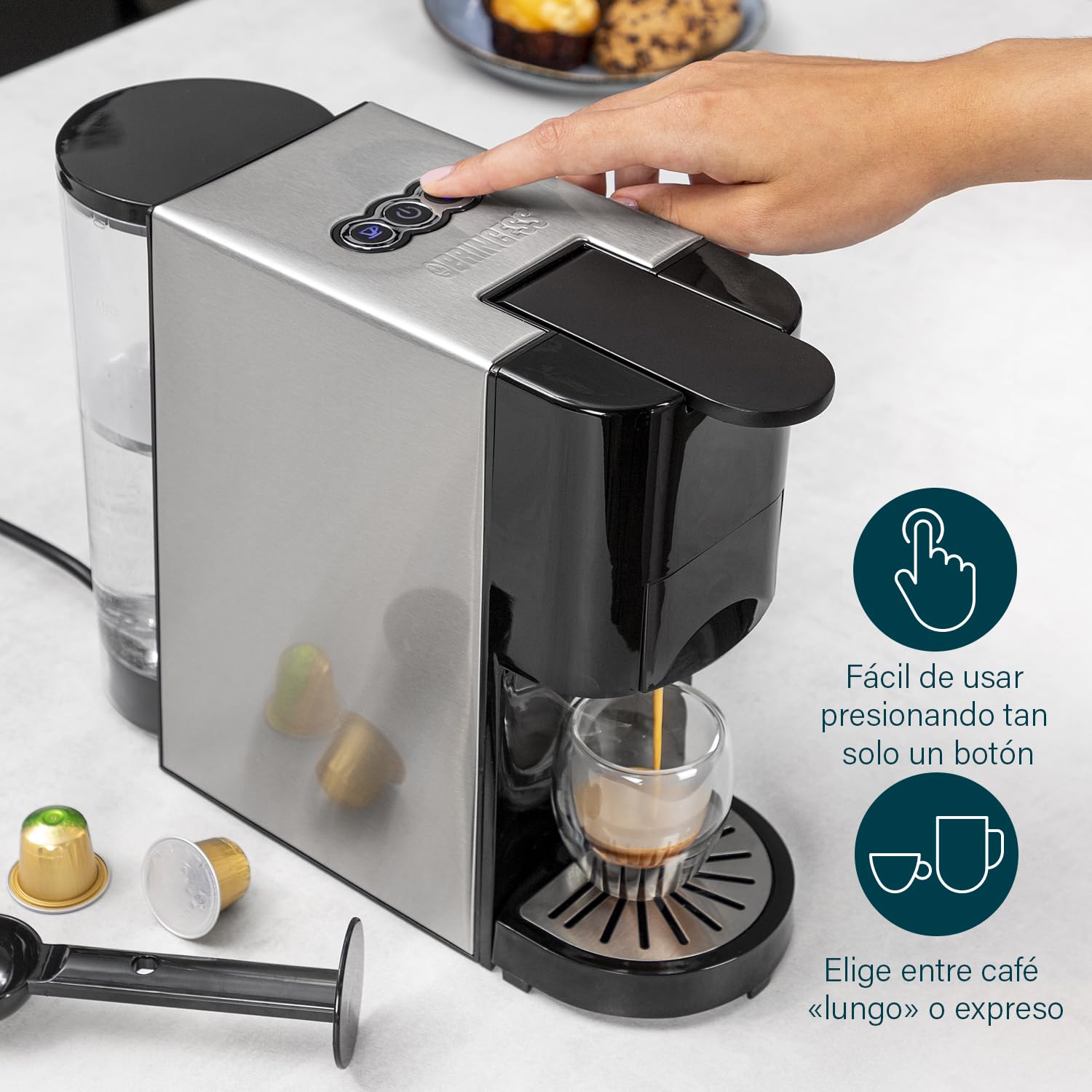 Princess 01.249450.01.001 Caffettiera Multifunzione, Compatibile con capsule Nespresso,Dolce Gusto,cialde ESE e caffè macinato, 19 bar, Nero e argento, 800 ml