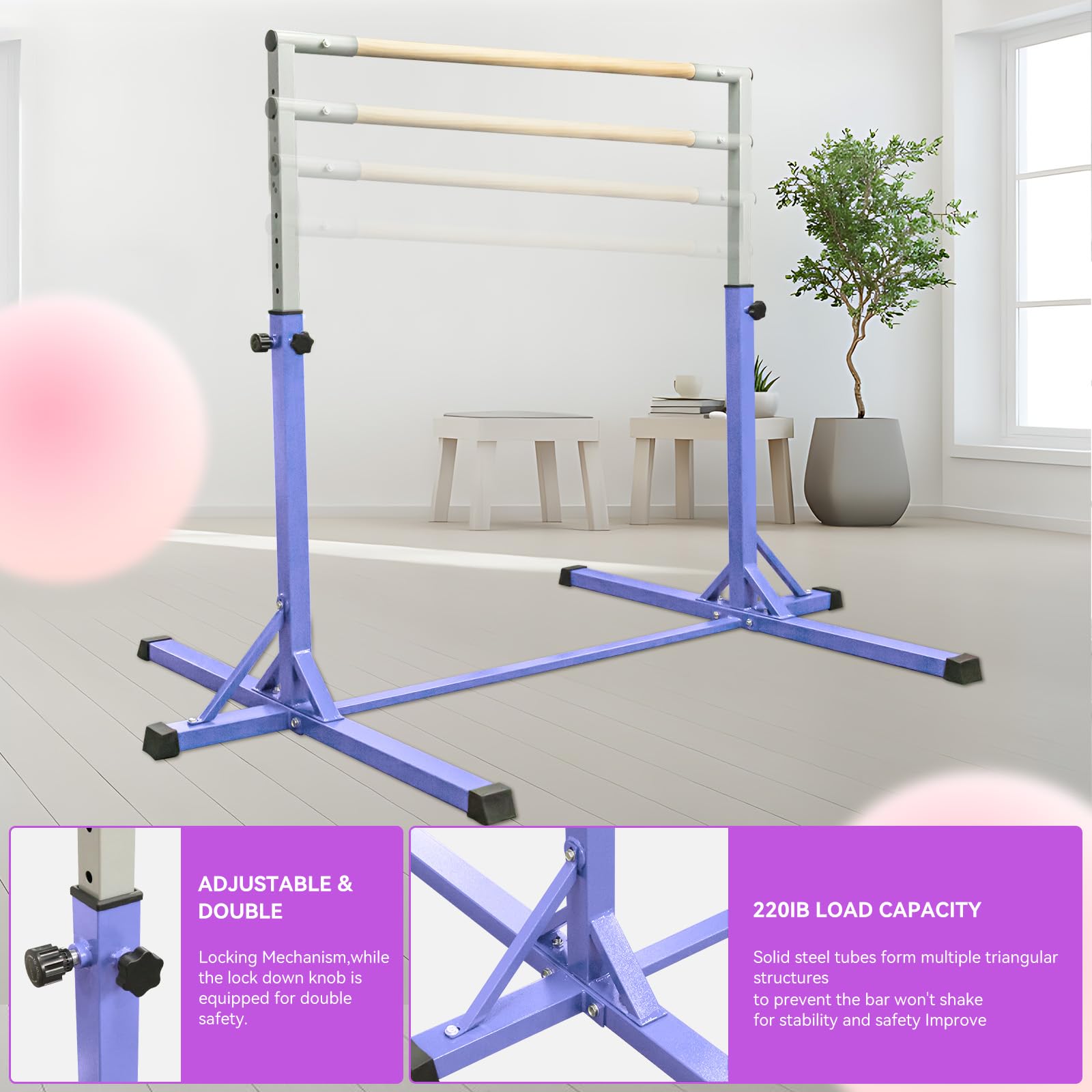 FBSPORT Barra da Ginnastica per Bambini con 13 Altezze Regolabili,Sbarra di Ginnastica per Bambini Barra Ginnastica Orizzontali Artistica Palestra Danza per Bambini e Bambine e Portatile Viola