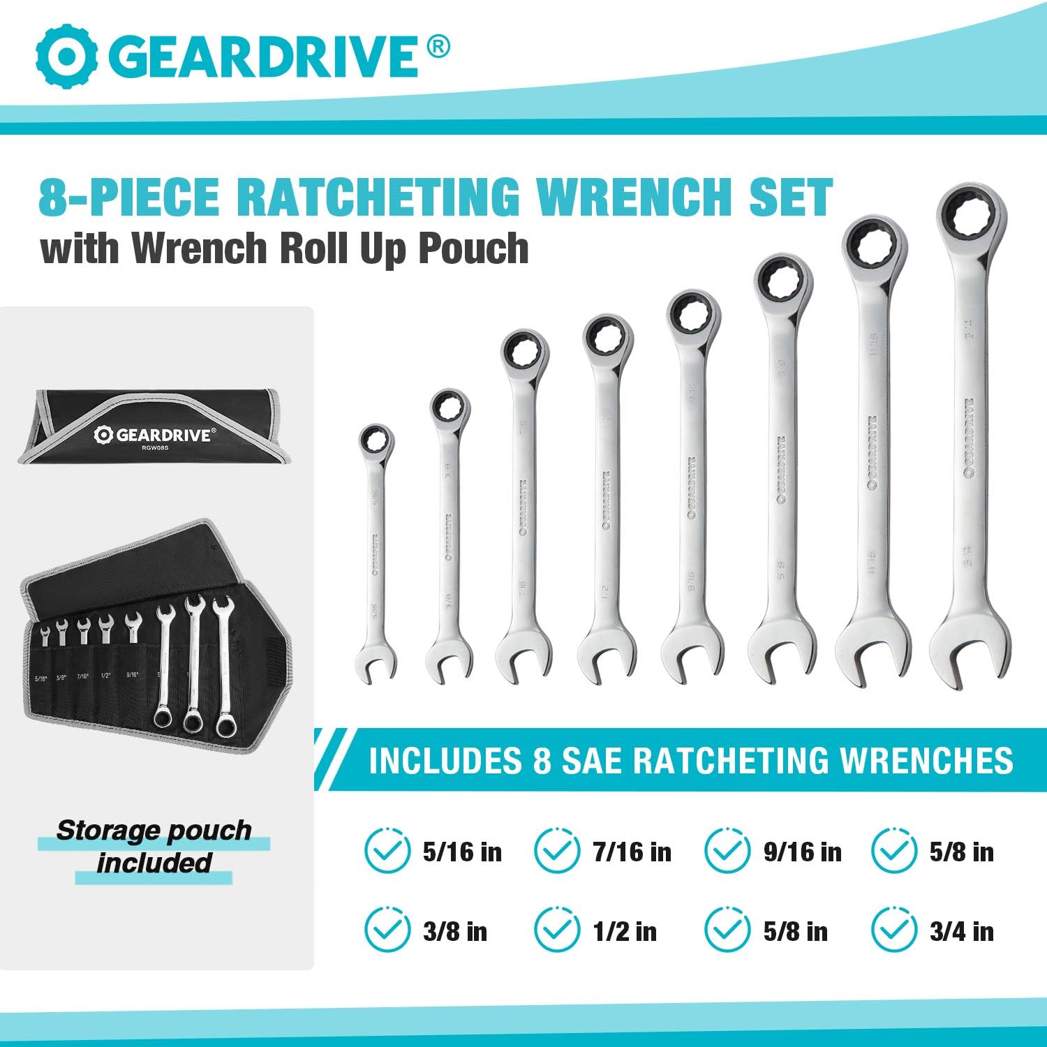Ratcheting Combination Wrench Set, SAE, 8-piece, 5/16" to 3/4", Chrome Vanadium Steel, with Carrying Bag