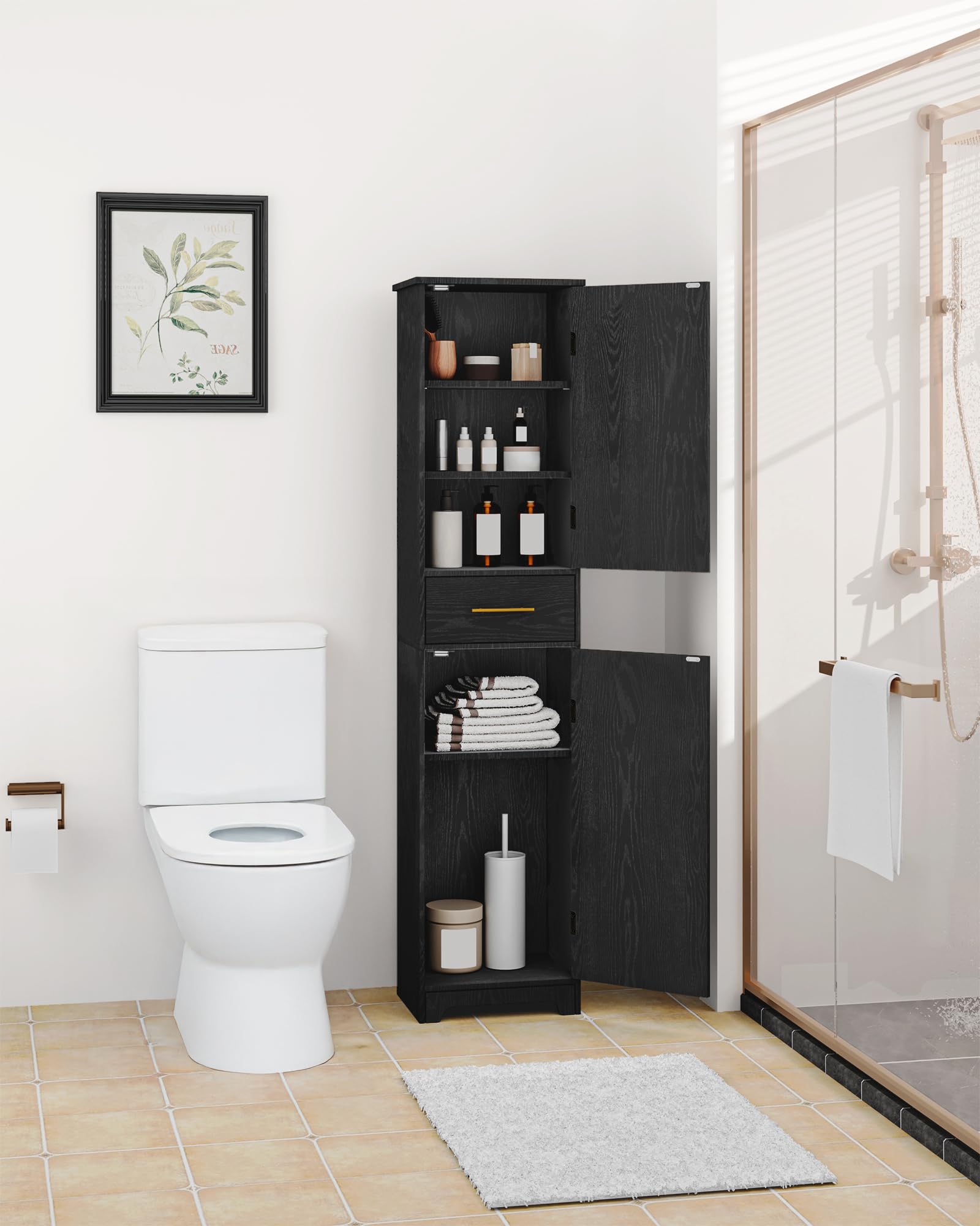 Hzuaneri Mobile da Bagno, Mobile Portaoggetti con Cassetto, Ripiani Regolabili, 30 x 40 x 170 cm, Armadio Alto e Stretto, per Soggiorno, Camera da letto, Cucina, Corridoio, Nero SC18304X