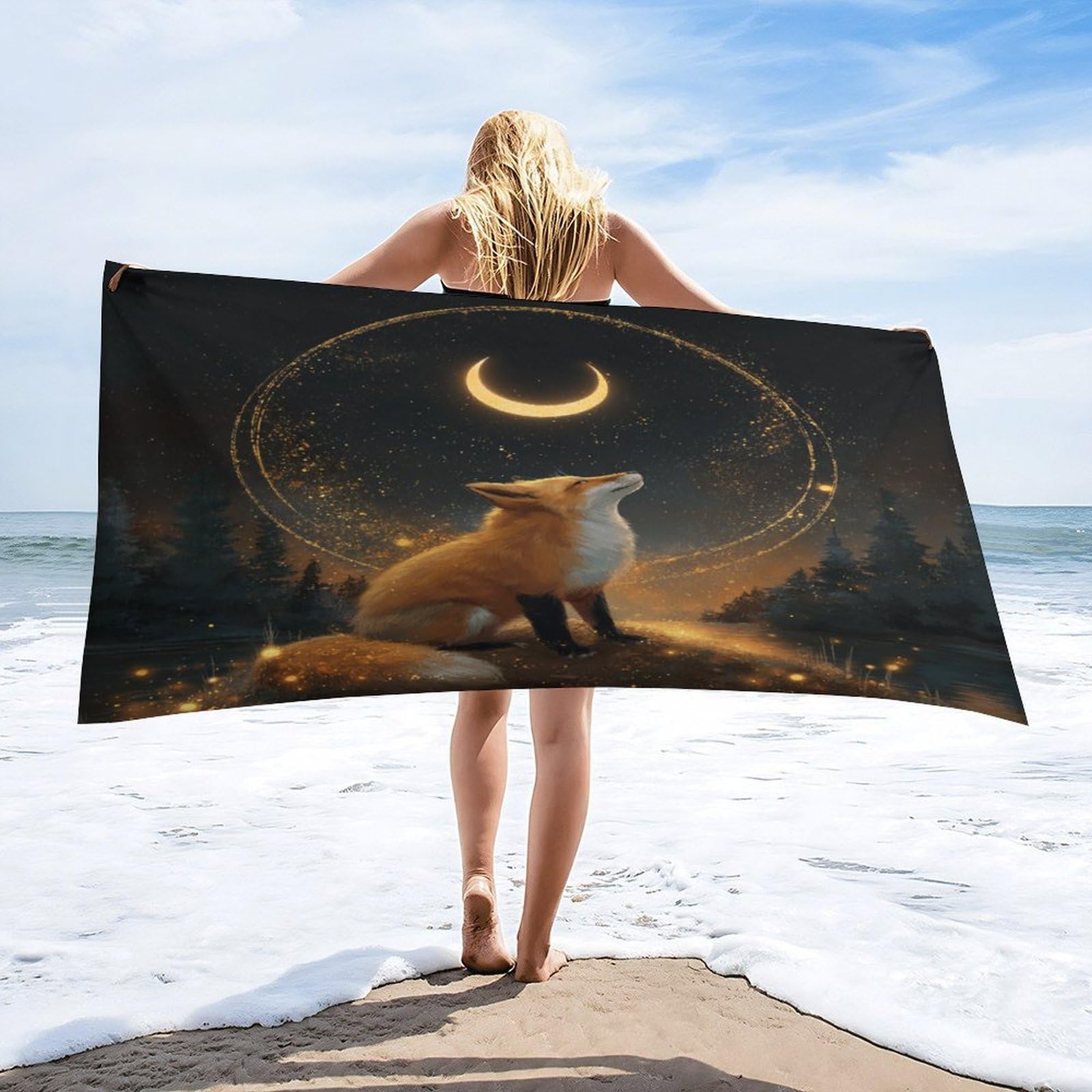 Luyysky Rustic Modern Elegant Fox Absorbent Beach Towel, Classic Retro Starry Sky Galaxy Pine Forest Animal Fox Outdoor Single-Sided Velvet Beach Towel-80 W Cm X 160" L Cm