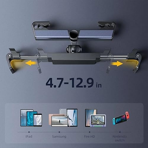 Miniatura 5 de Car Headrest Tablet Mount Holder for Smartphones Tablets Posts Width Adjustable 4.7in-12.9in(Black) Car Mount Holder