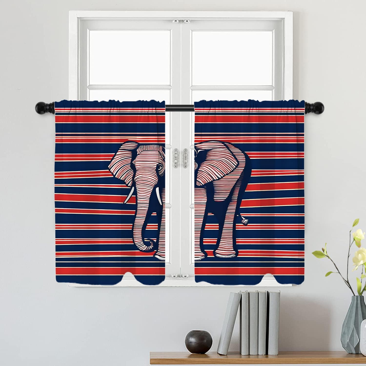 Batmerry American Republican Elephant Tier Curtains, Navy Blue Red Stripes Background Cafe Curtain Short Kitchen Drapes Small Valance for Bathroom, 2 Pack 36X26 Inches