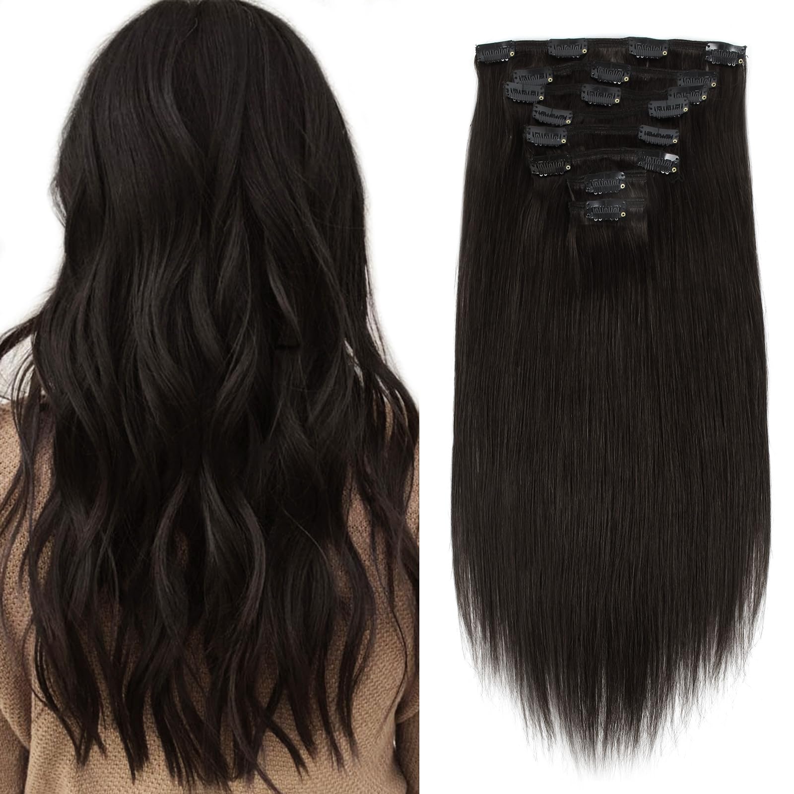 ABH AMAZINGBEAUTY HAIR 22 Inch Clip in Hair Extensions Human Hair Straight Double Side Skin Wefts Clips in Hair Extensions Off Black #1B 8pcs With 18