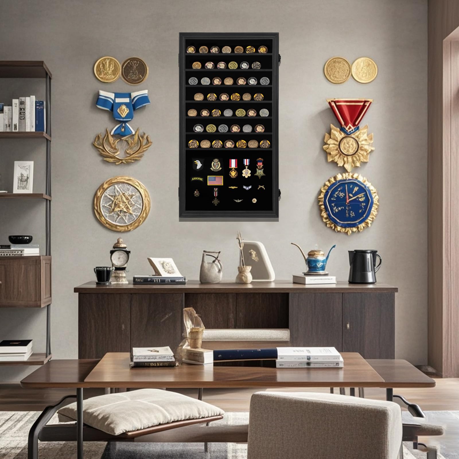 Verani Medaillen-Vitrine – Militärische Herausforderung Münzdisplay Shadow Box – Pin-Vitrine mit herausnehmbaren Regalen und ansteckbarem Hintergrund für Abzeichen, Bänder, Insignia-Knöpfe, Overized | Militärveteranen, Servicemitglieder, Münz- und Nadelsa