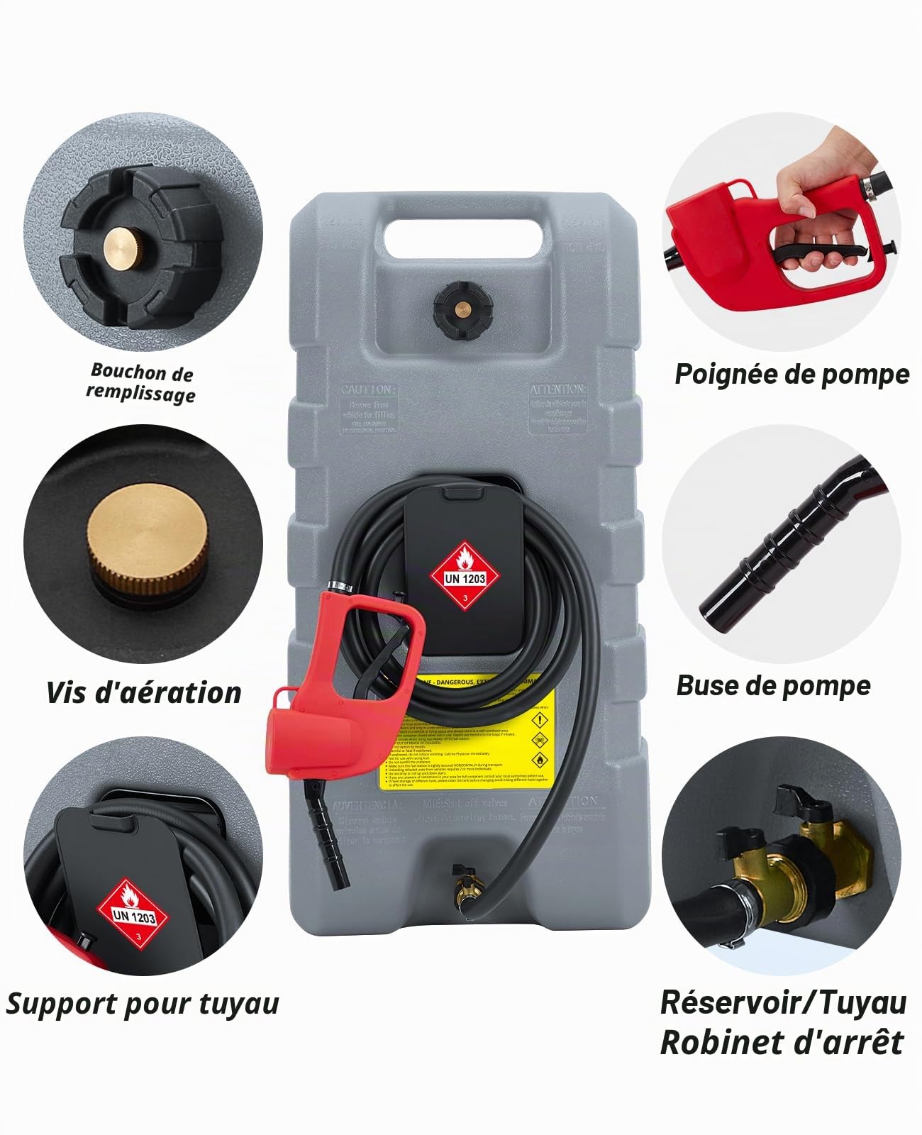 Bidon d'essence 57 litres avec Pompe de Transfert, réservoir Portable équipé de roulettes et Tuyau de 3 mètres, Conception Anti-fuide pour Voitures, tondeuses et Bateaux en Couleur Grise