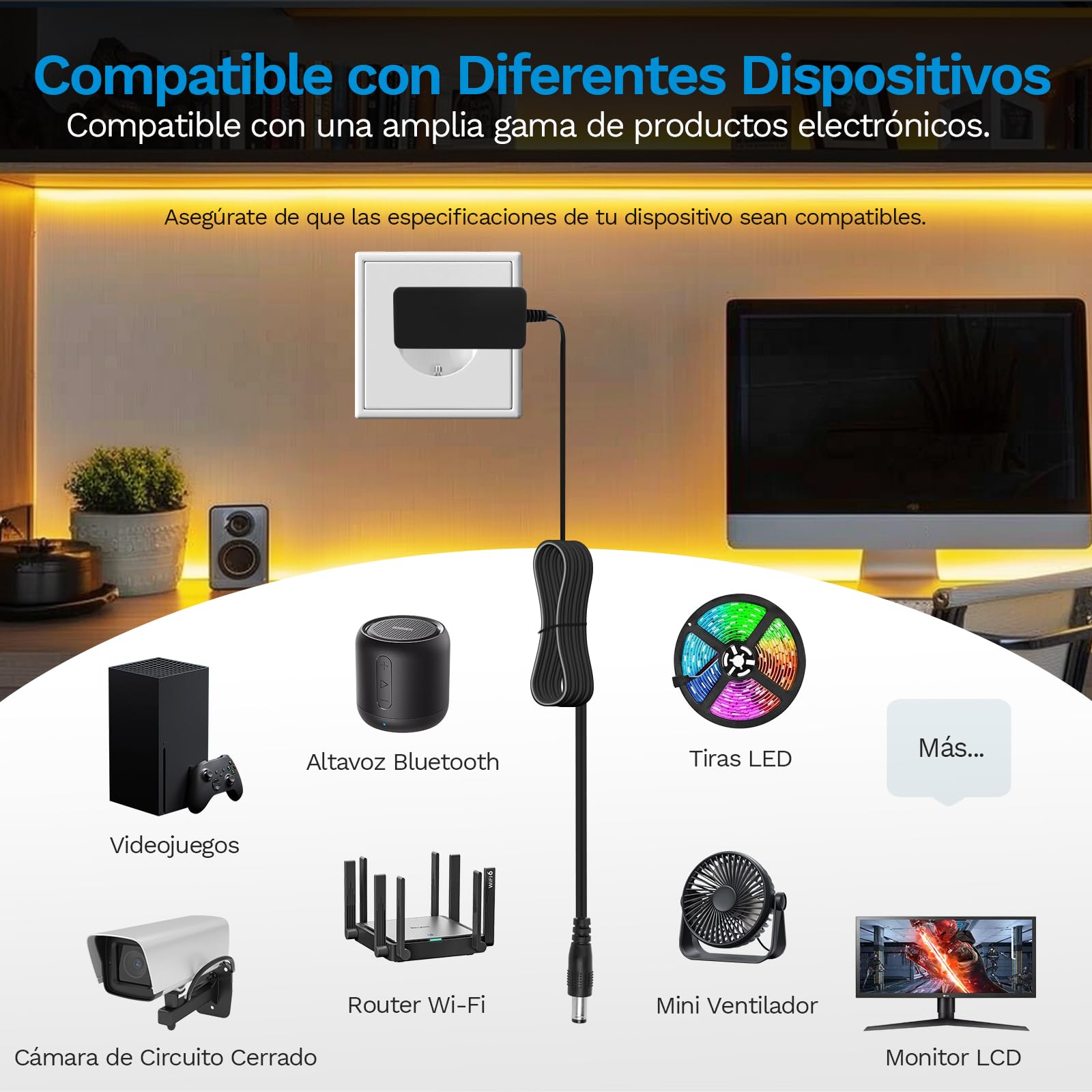 Transformador 220V A 12V - Cargador Universal 200-240V 50-60HZ, Adaptador 12V 2A 220V 24W, Cargador Portatil Universal, ara Tiras LED, Routers Inalámbricos, HUB, Interruptor, 2 Metros Cable