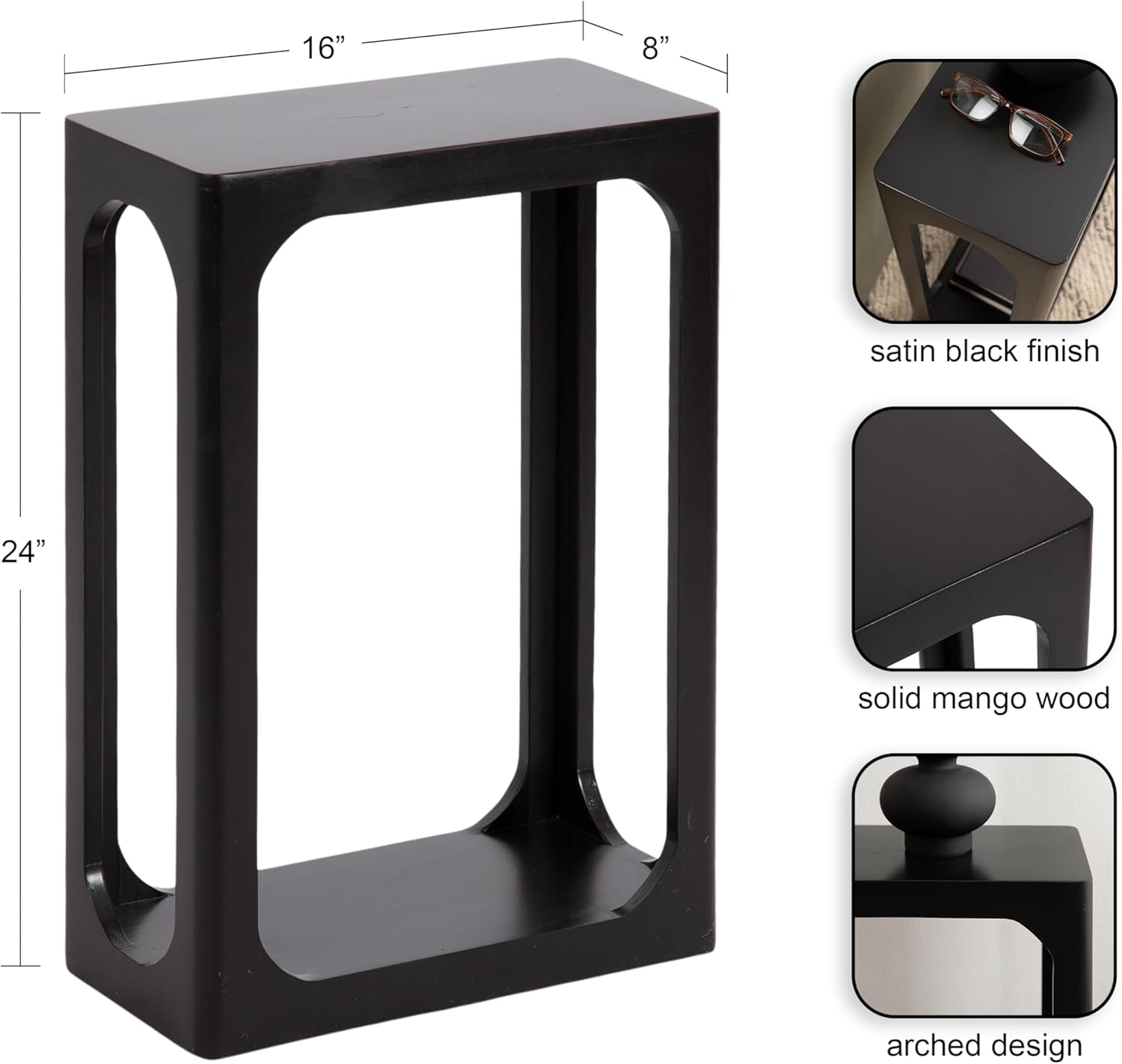Kate and Laurel Dahl Modern Slatted Wooden Slim Side Table; 16 x 8 x 24; Black; Transitional Wood Narrow End Table for Use as Living Room Plant Stand or Small Bedroom Nightstand