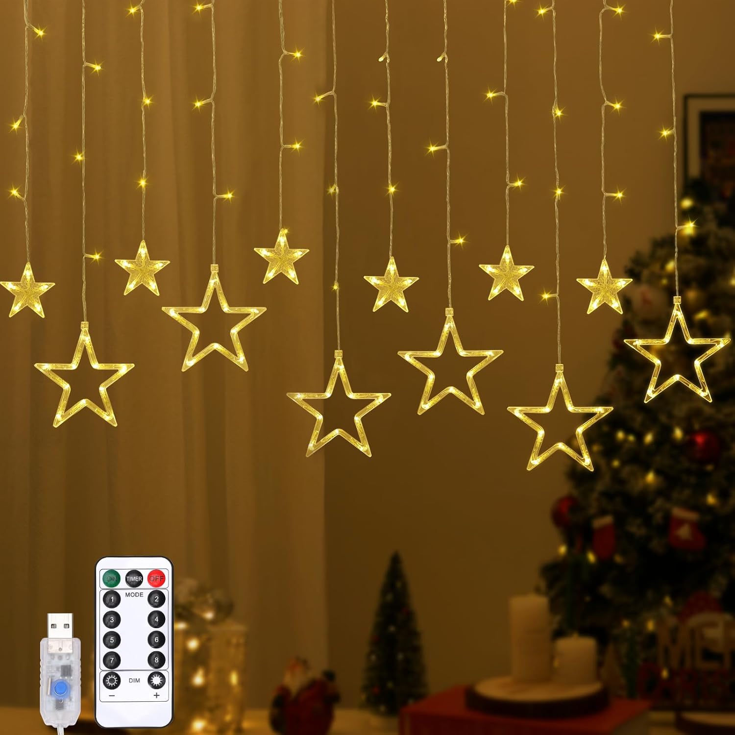 Lewondr 138 LED Christmas String Curtain Lights, Hanging Fairy Lamp with 6H Timer & 8 Modes, USB & Remote Control Snowflake+Stars String Lights for Xmas Wedding Party Xmas Indoor Decor, White Light