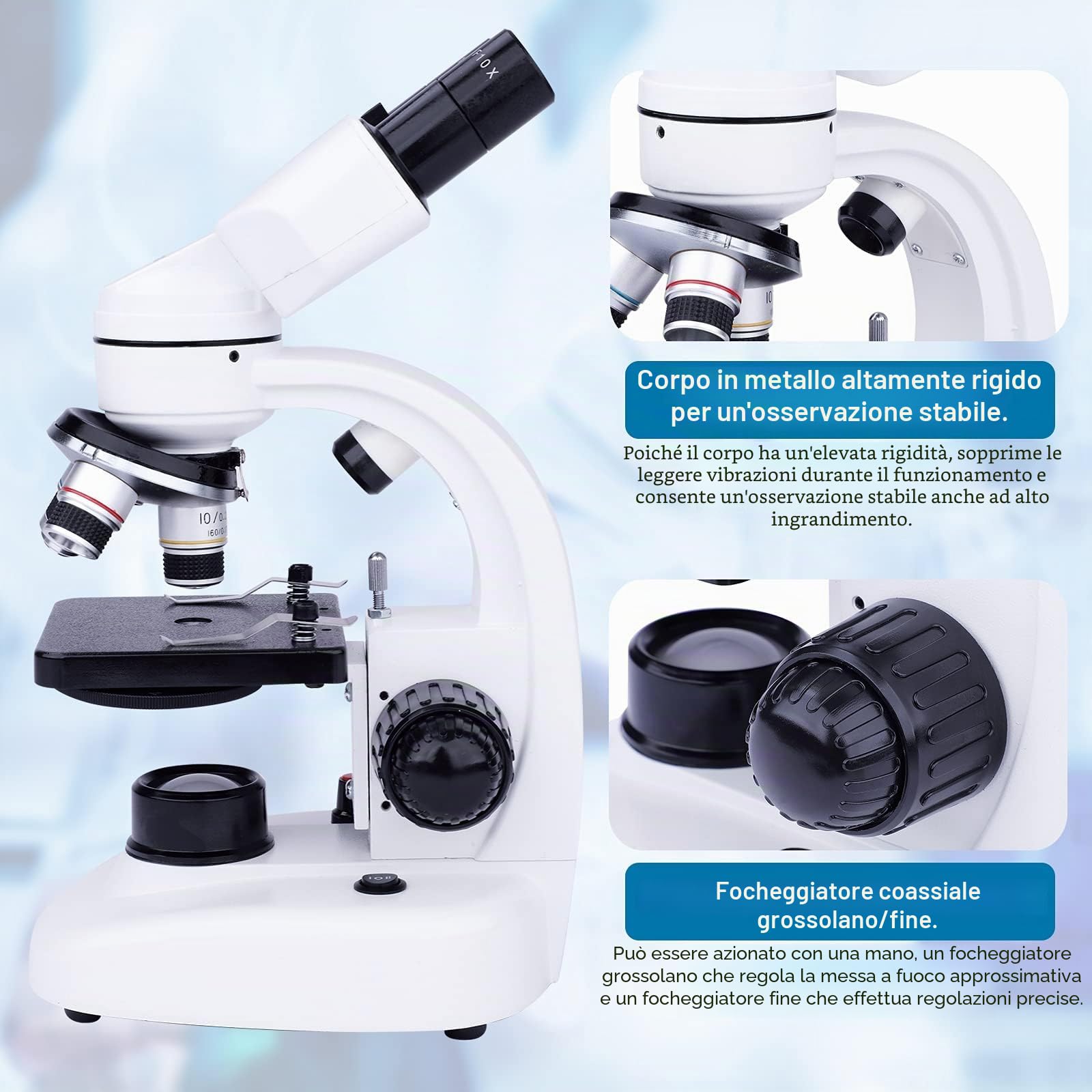 Microscopio Binoculare Composti con Oculari - Microscopio Binocolo per Bambini Adulti - Set microscopio Junior 40x-1000x - Illuminazione a LED per luce trasmessa e luce riflessa