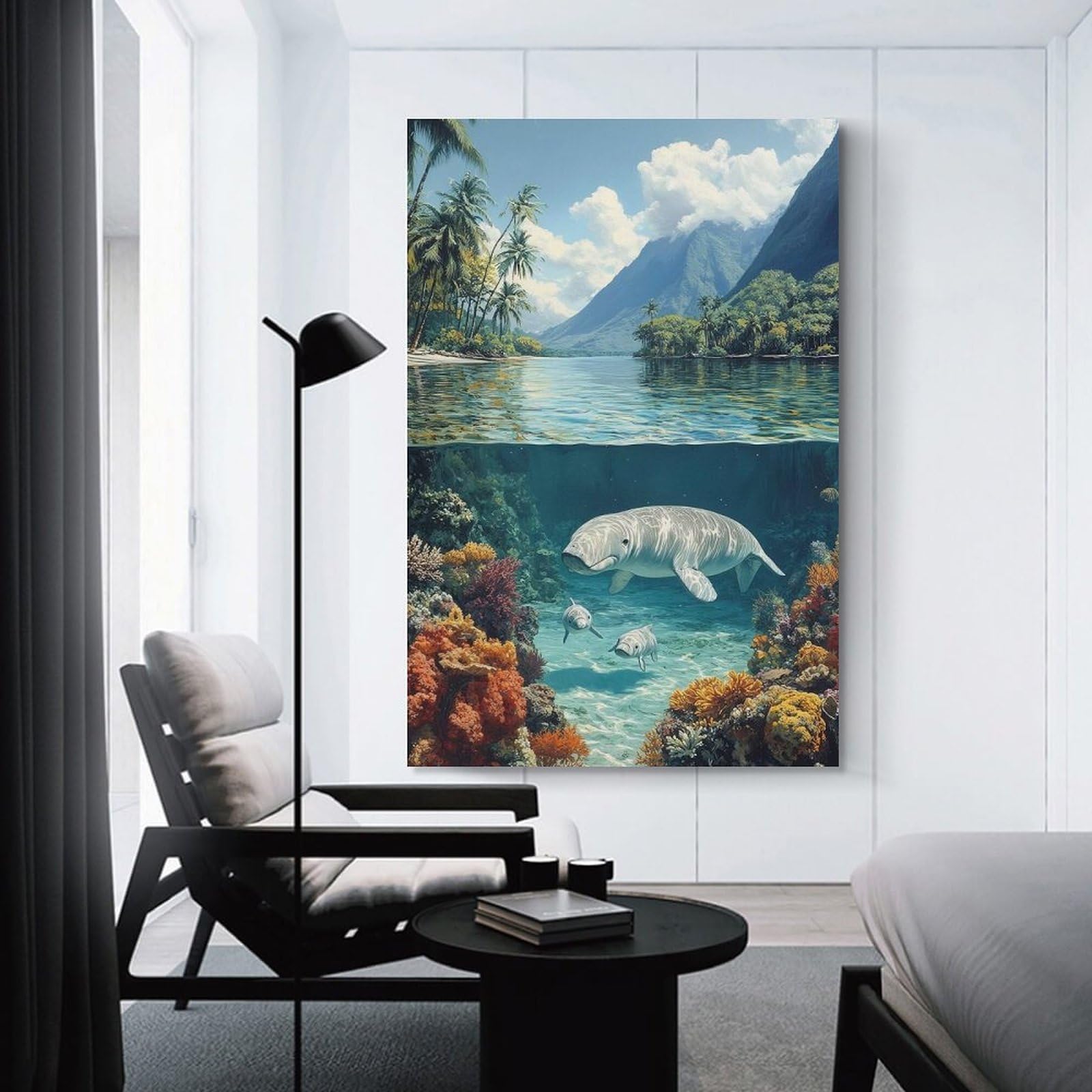 Junmoney Tropical Paradise with Manatees Canvas Art Print 20x30inch(50x75cm), for Entrance Spaces, Stair Walls Or Halls, Wall Decor to Refresh Empty Corners