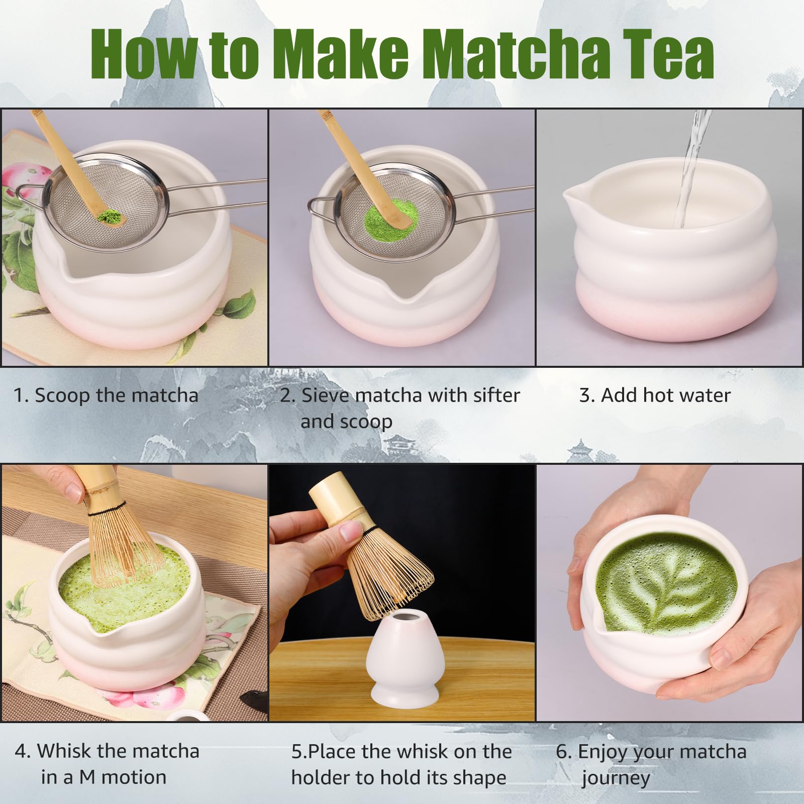 7-częściowy zestaw do matchy z uchwytem na whisk chashaku sieve, uchwyt na łyżki, ściereczki do naczyń, gładkie wzornictwo dla miłośników herbaty (różowy)