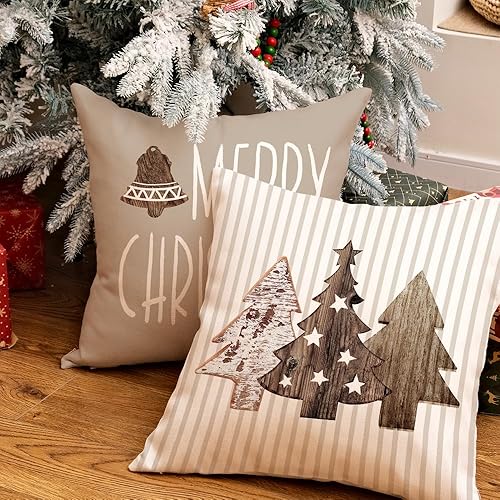 Miniatura 4 de Juego de 4 fundas de almohada de Navidad de 18 x 18 pulgadas, diseño de árbol de madera a rayas, trineo de nieve, decoración de Navidad, decoración