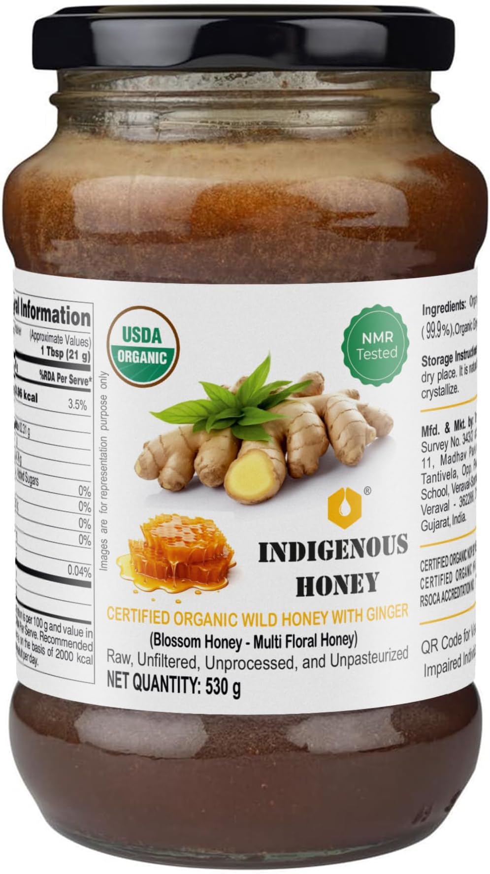 Raw Organic Honey with infused Ginger NMR Tested NPOP Organic Certified Pure Natural Unprocessed Sugar free Honey Immunity Booster- 530 g Glass Jar