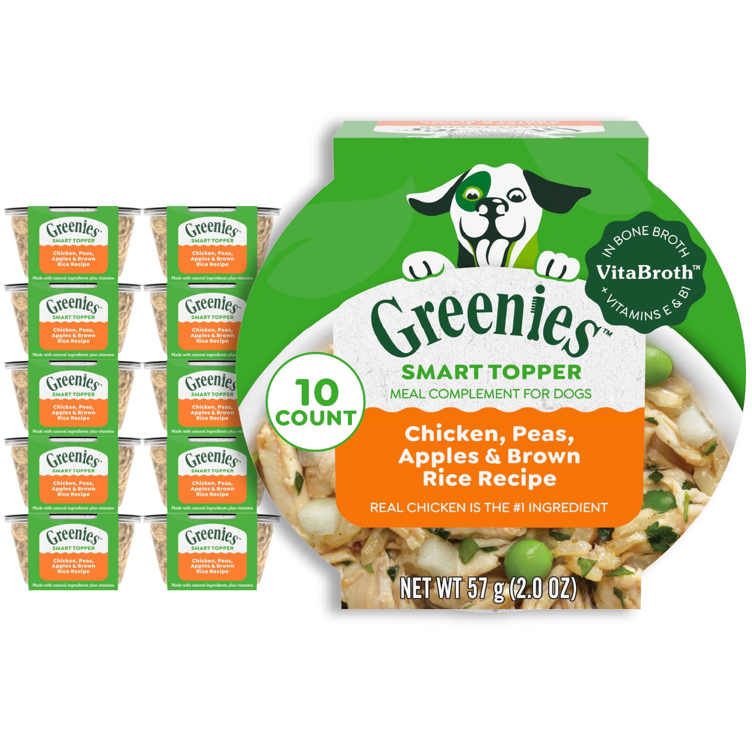 Greenies Smart Topper High Protein Wet Mix-in for Dogs, Chicken, Peas, Apples & Brown Rice Recipe in Vitabroth Broth - Bone Broth + Vitamins E & B1,