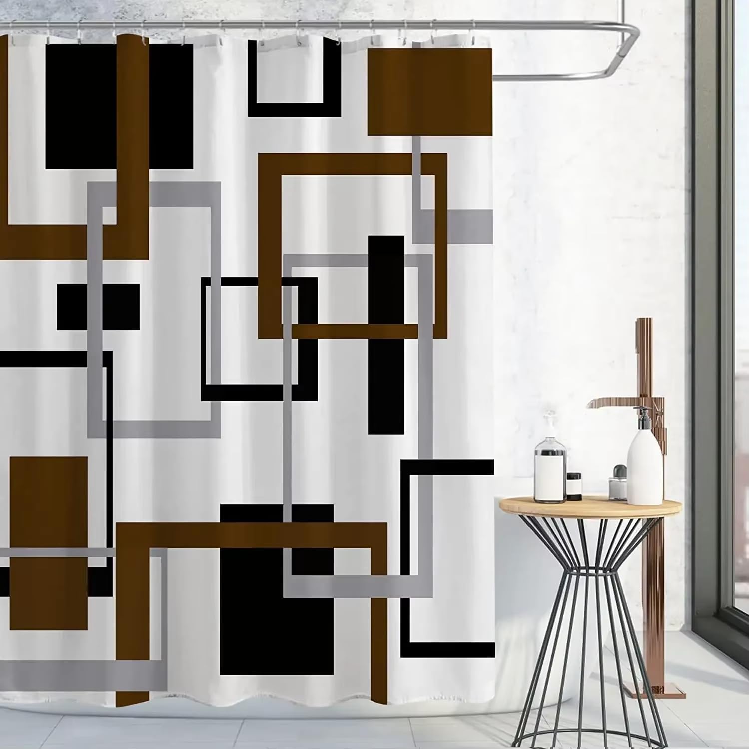 KELAIMI Mid-Century Modern Abstract Geometric Shower Curtain - Modern Simple Waterproof Bathroom Curtain - Quick-Drying Polyester Bathtub Curtain with Hooks Brown 180X180Cm