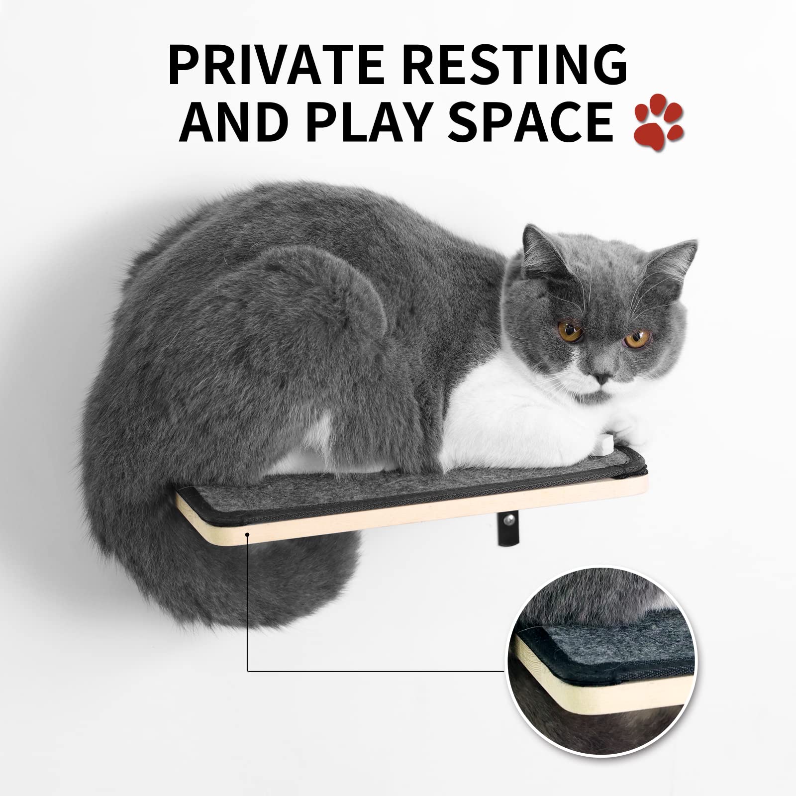 Floating Wall Shelf with Cat Scratching Mat, Solid Rubber Wood Hanging Shelves, Cat Hammock Wall Mounted Cat Shelf with Two Steps for Sleeping, Playing, Climbing, and Lounging 1