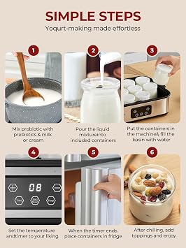 FOHERE Yoghurt Maker 25 W with 12 Glass Containers of 180 ml for up to 2.16 L Homemade Yogurt Greek Yoghurt Machine with Temperature and Timer LCD Display Automatic Shut-Off BPA-Free