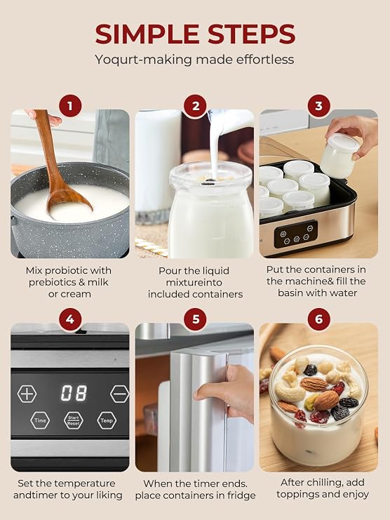 FOHERE Yoghurt Maker 25 W with 12 Glass Containers of 180 ml for up to 2.16 L Homemade Yogurt Greek Yoghurt Machine with Temperature and Timer LCD Display Automatic Shut-Off BPA-Free