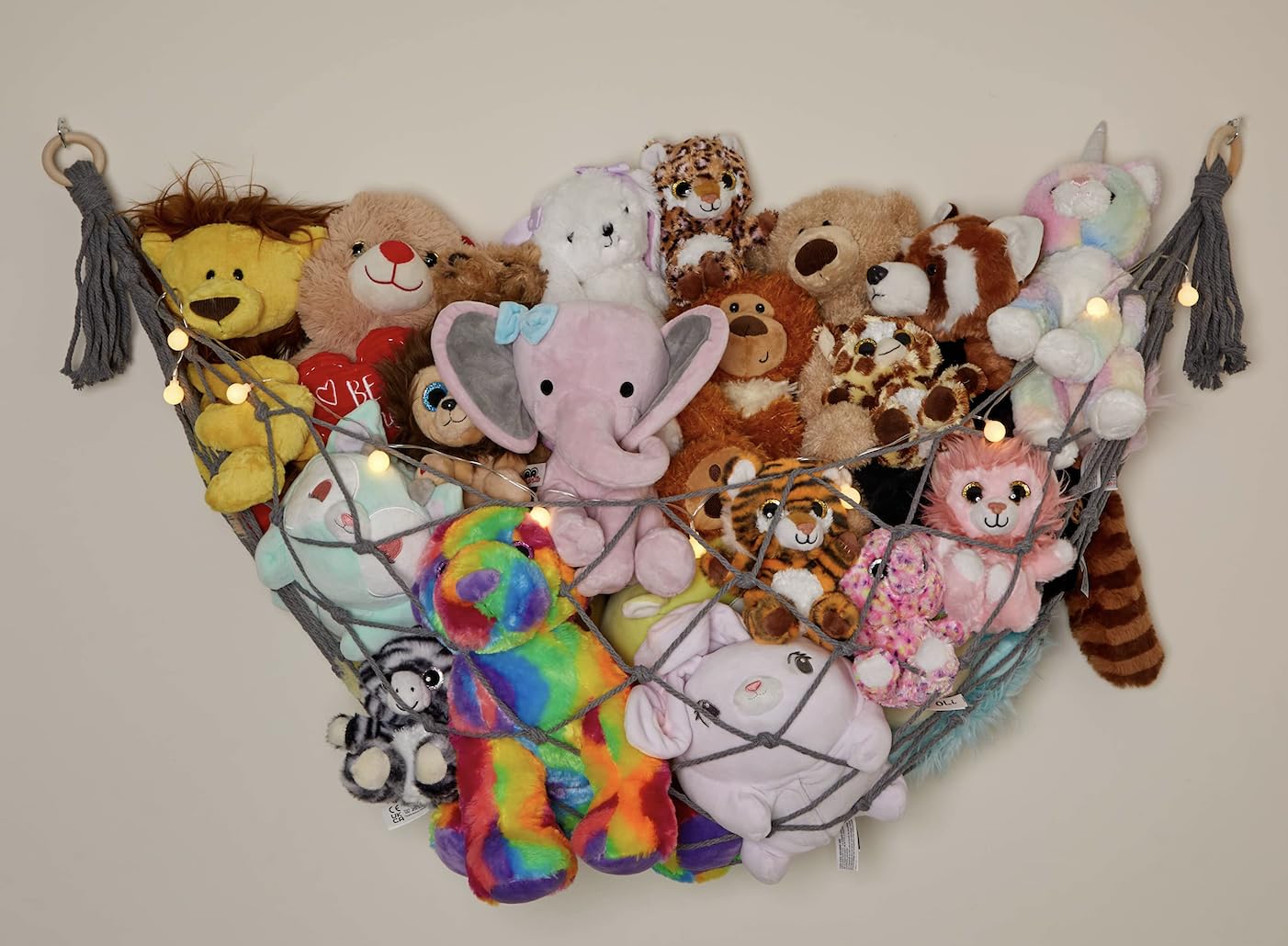 Stuffed Animal Storage Macrame Hammock w/String Lights for Flat Walls, Large - Boho Room Decor Toy Storage - Hanging Plushie Stuffed Animal Net Organizer (Grey)