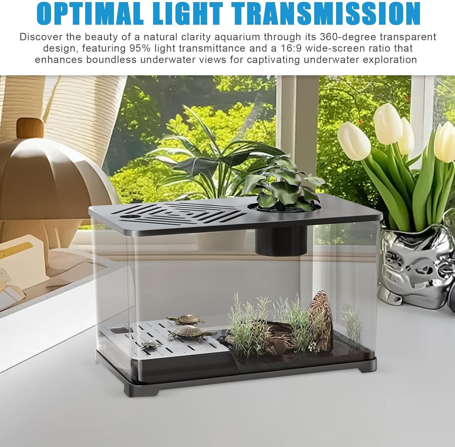 Aquarium Tank - Modern Fish Bowl, Desktop Kit | Panoramic HD Container, Transparent Amphibious Aquarium with Turtle Resting Area for Jellyfish Guppy Shrimp Home Decoration, 15.55x8.86x8.46 inches