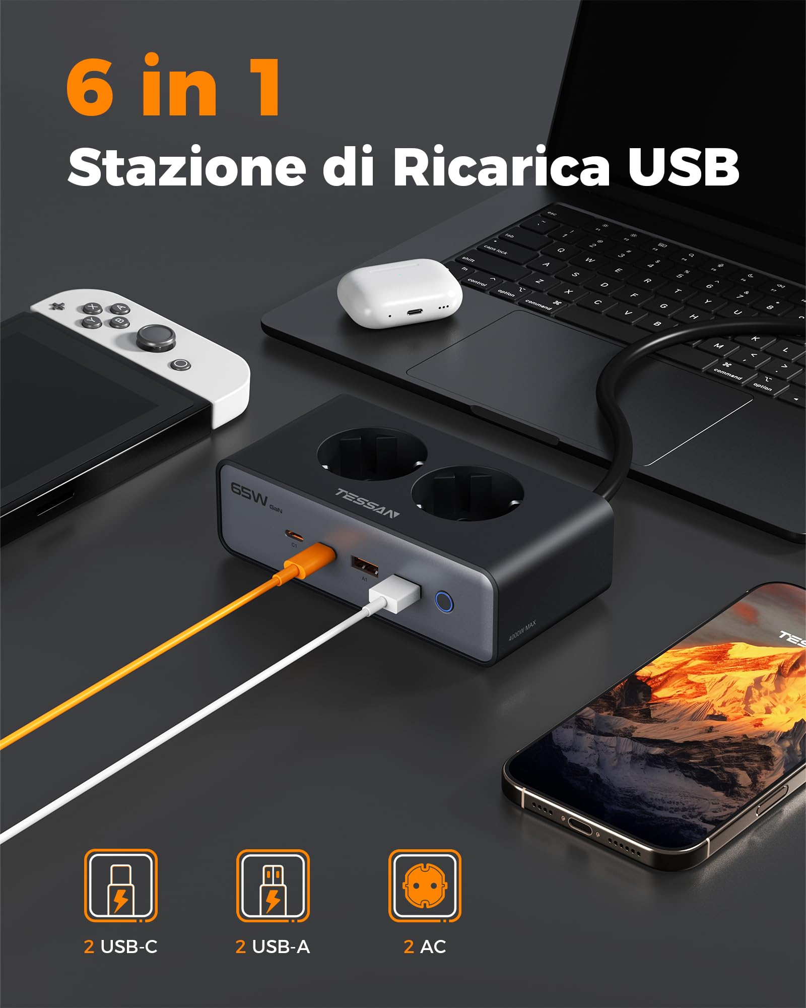 TESSAN Caricatore USB C, 6-in-1 Alimentatore con 2 prese CA, GaN PD 65W Caricabatteria Carica Rapida con interruttore, Presa USB con cavo di prolunga da 1,5 m per telefoni cellulari, tablet e laptop