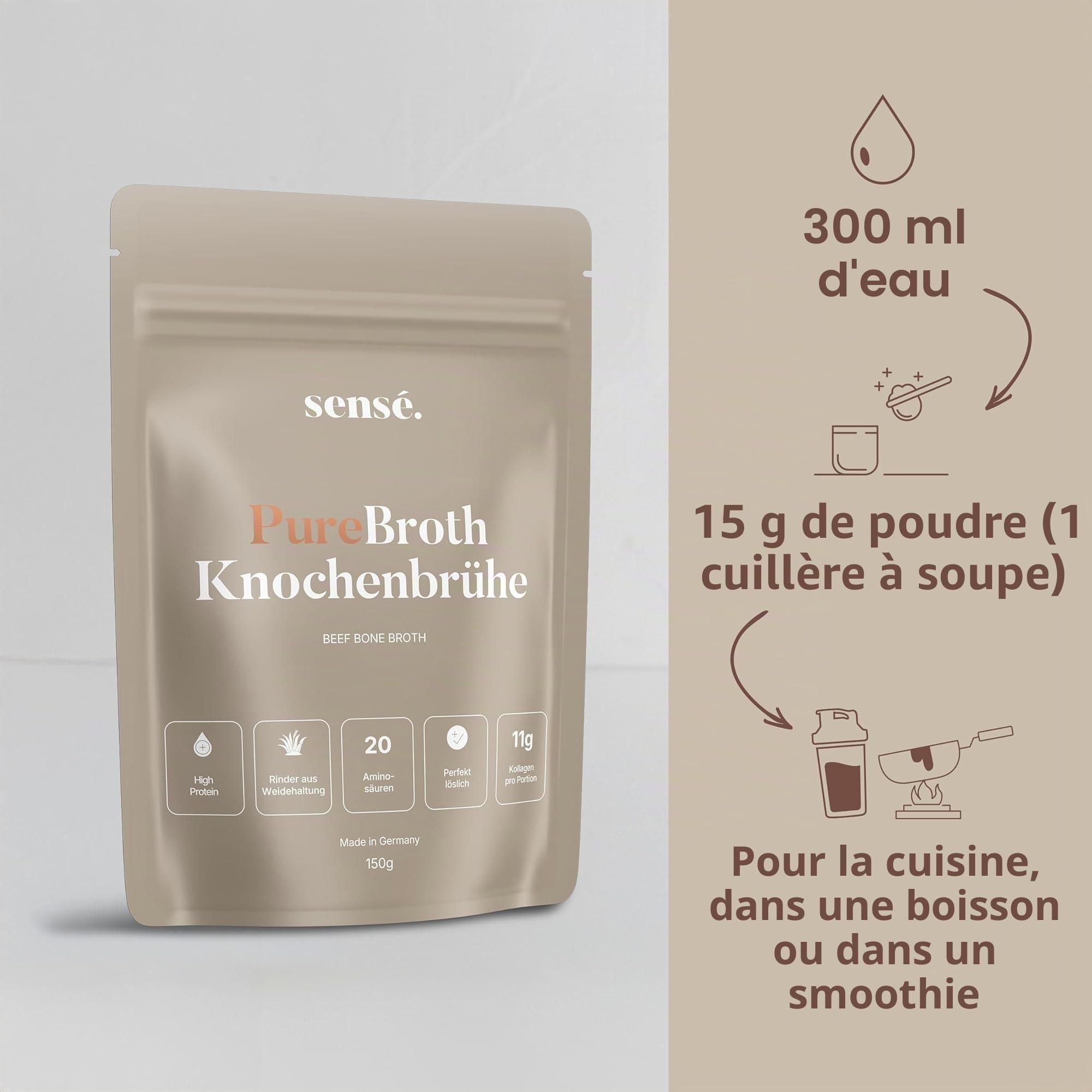 Poudre de bouillon d'os de bœuf de pâture, d'Allemagne, bioactif, 150g – Collagène de type 1, 2 et 3 | Soutient les articulations, l'intestin et la peau | haute teneur en protéines | Leaky Gut, Céto