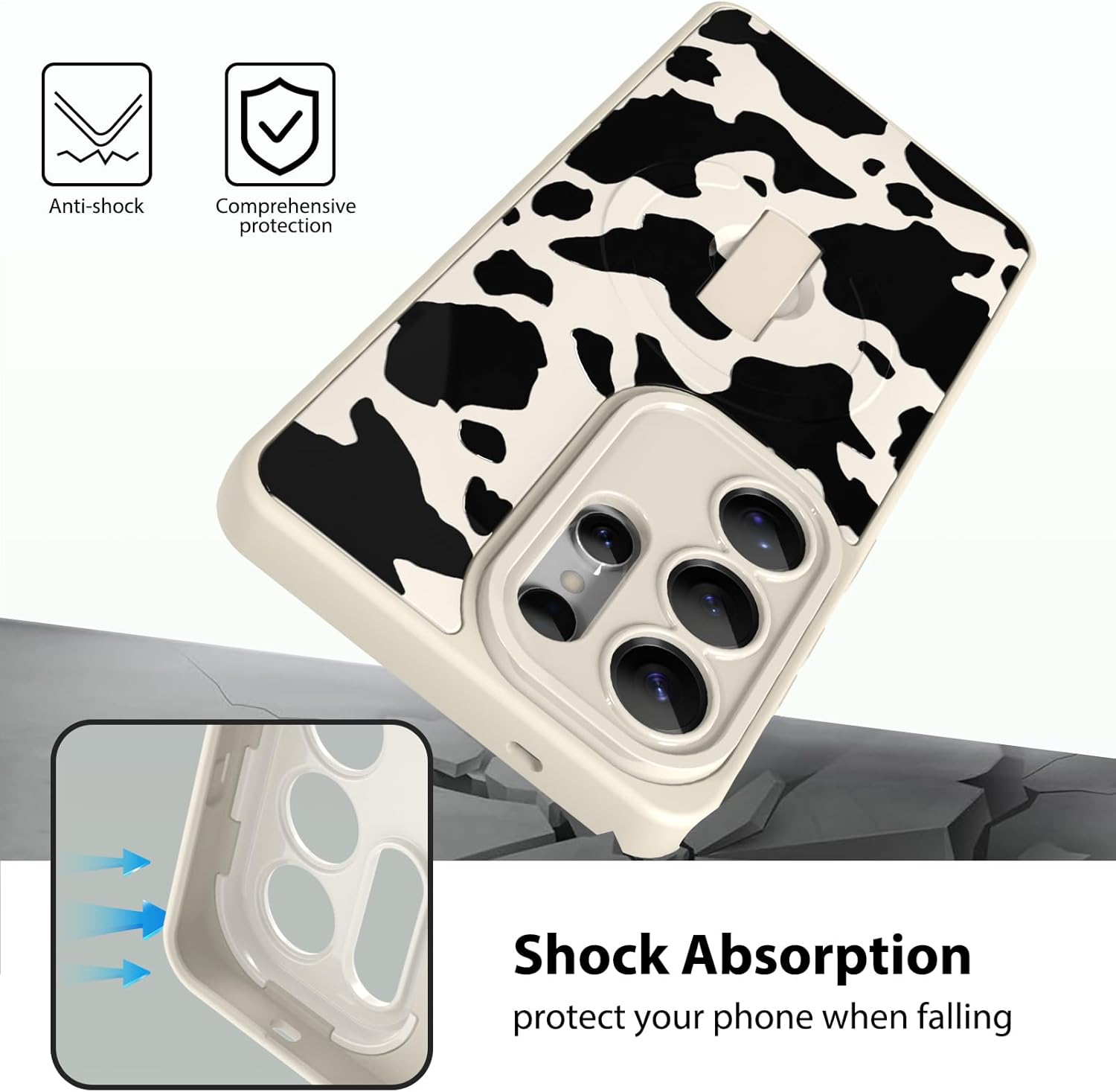 KANGHAR Galaxy S26 Case Cow Pattern Compatible with Magsafe Cute Cow Print Wristband Stand Phone Magnetic Cover for Women Girls Men Compatible with Samsung S26 White