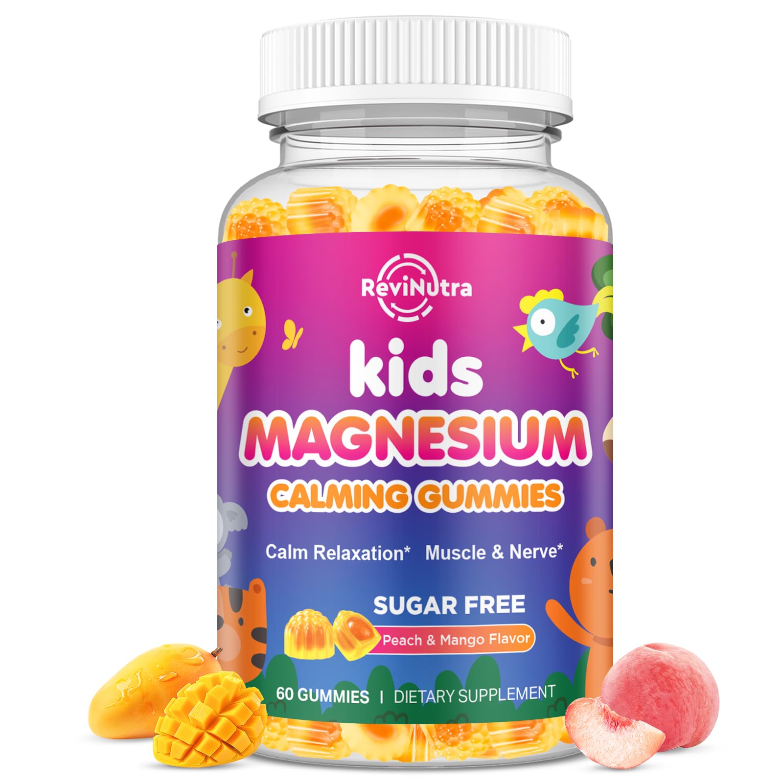 Center-Filled Kids Magnesium Gummies - Magnesium Glycinate Gummies for Kids Adults with L-Theanine, Chamomile, Licorice, Vitamin D, B6 for Sleep, Relaxation, Brain & Muscle - Sugar Free Peach & Mango Peach & Mango 60 Count (Pack of 1)