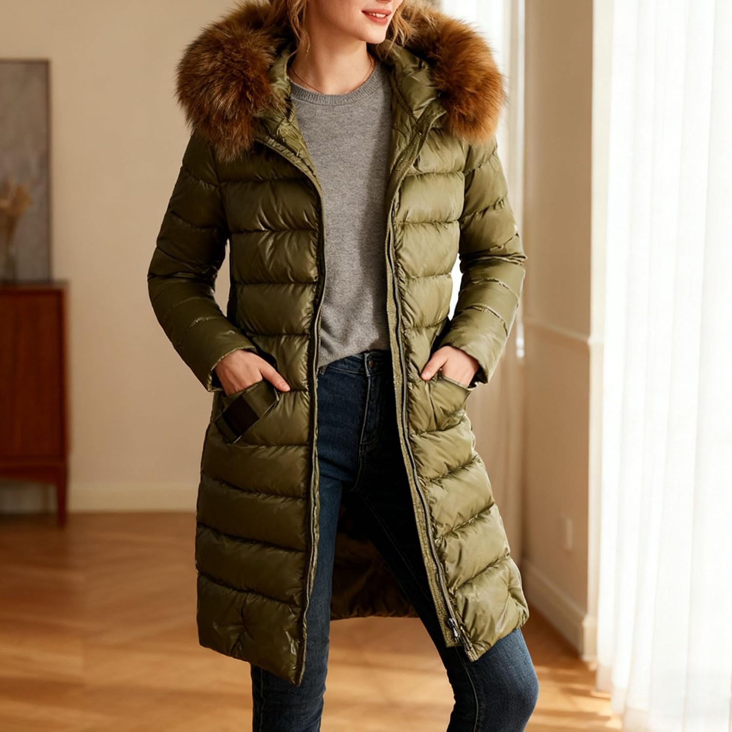 Women's Long Winter Faux Fur Coat Puffer Warm Jacket Windproof Warm Down Coat Zipper Thicken Parka Outwear with Hood