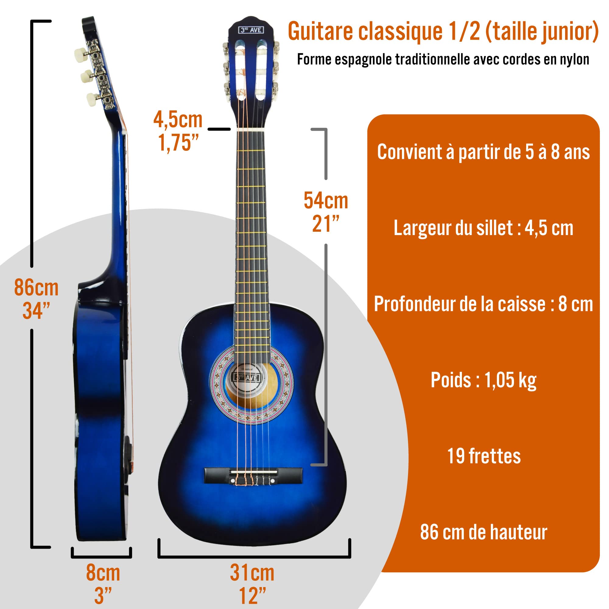 3rd Avenue Guitare Classique Pour Enfants Taille 3/4 Avec Cordes En Nylon Espagnol Pour Débutant - 6 Mois De Cours Gratuits, Sac, Cordes - Bleu