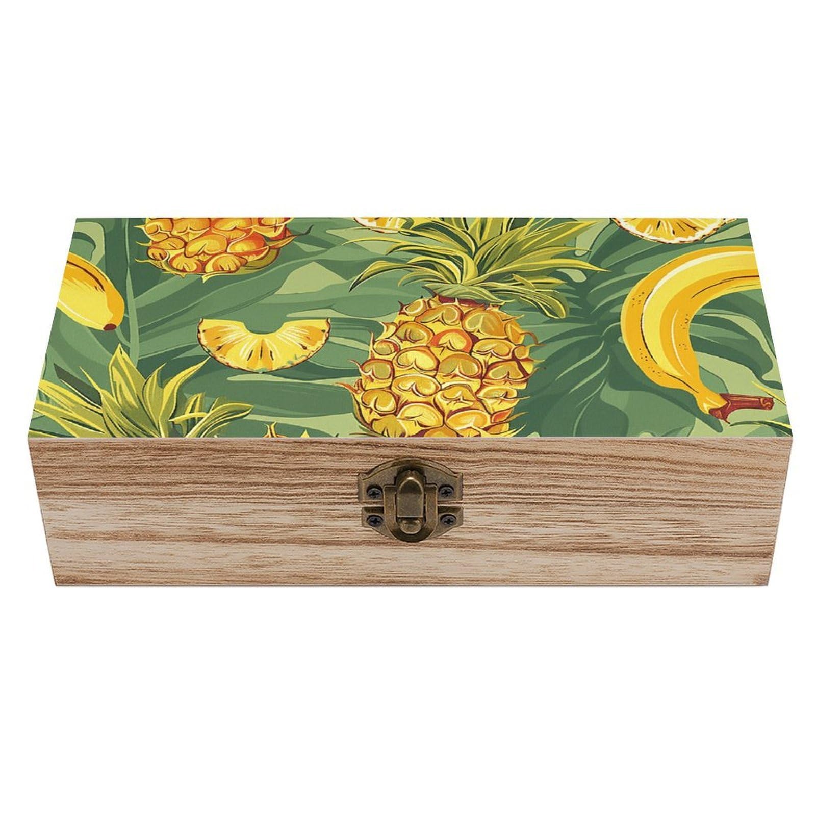 NONHAI Wooden Storage Box Pineapple And Banana Wood Gift Box with Hinged Lid Vintage Decorative Jewelry Boxes Memory Box for Jewelry Art Hobbies Home Storage Treasure Keepsake Gift 7.9''x3.9''x2.3''