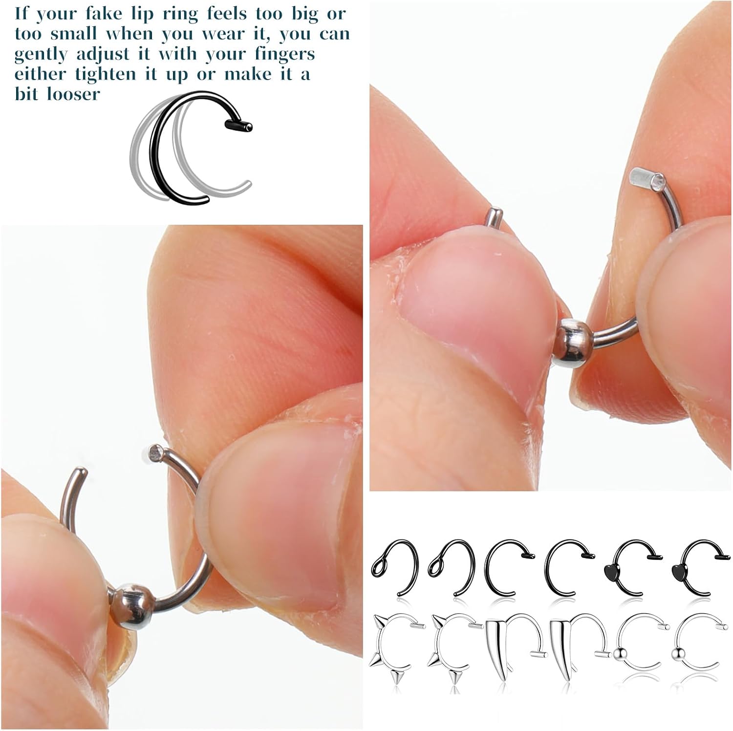 Tucnoeu 24pcs Fake Lip Ring, Fake Snake Bites Lip Piercing Non-Piercing Lip Cuff Ear Cuff Surgical Steel Fake Vampire Teeth Ring Kit for Women Men Halloween Jewelry Clip Earring Hoop