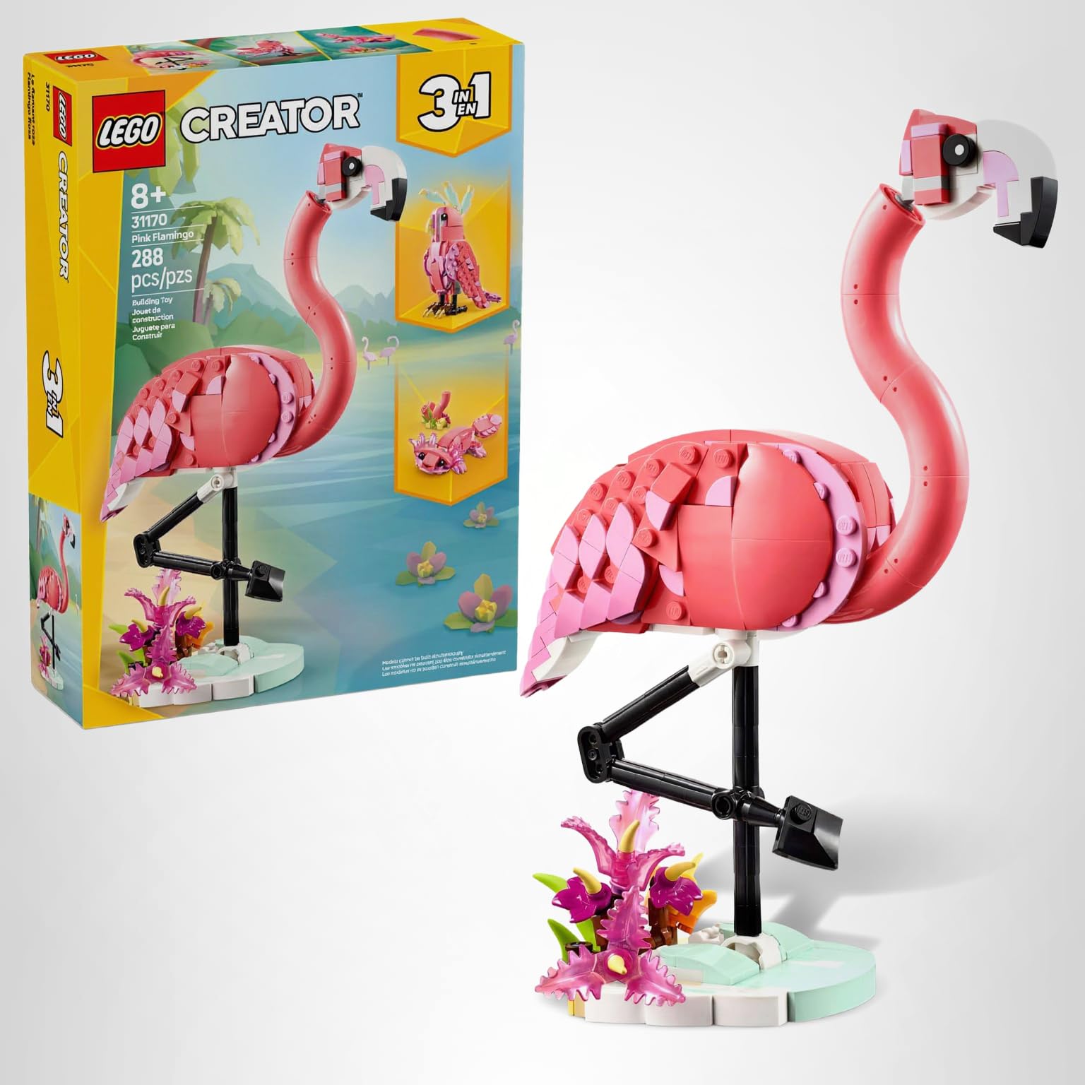 LEGO Creator 3 in 1 Wild Animals: Pink Flamingo Animal Building Toy - Playset with 3 Build Options, Pink Flamingo, Cockatoo, or Axolotl - Learning Toy for Kids, Ages 8+ - 31170
