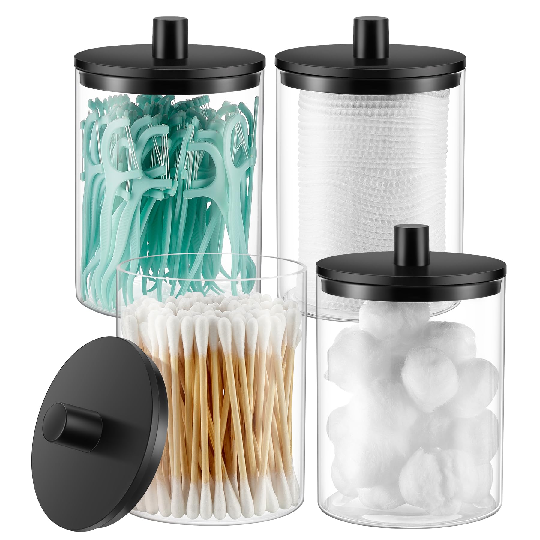 Photo 1 of **MISSING PARTS**
TIPGO Glass Qtip Holder Dispenser - 10 oz Clear Canister Apothecary Jar, Bathroom Vanity Storage Organizer Set for Cotton Swabs, Pads, Floss Picks, Small Containers for Makeup Storage (4 Pack, Black)