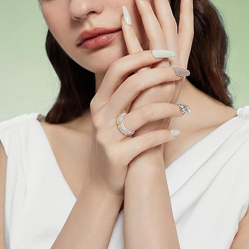 Vista 5 de YAFEINI Anillo de girasol de plata de ley 925, anillos giratorios giratorios de girasol para mujeres, con caja de regalo de estrés, Plata de ley