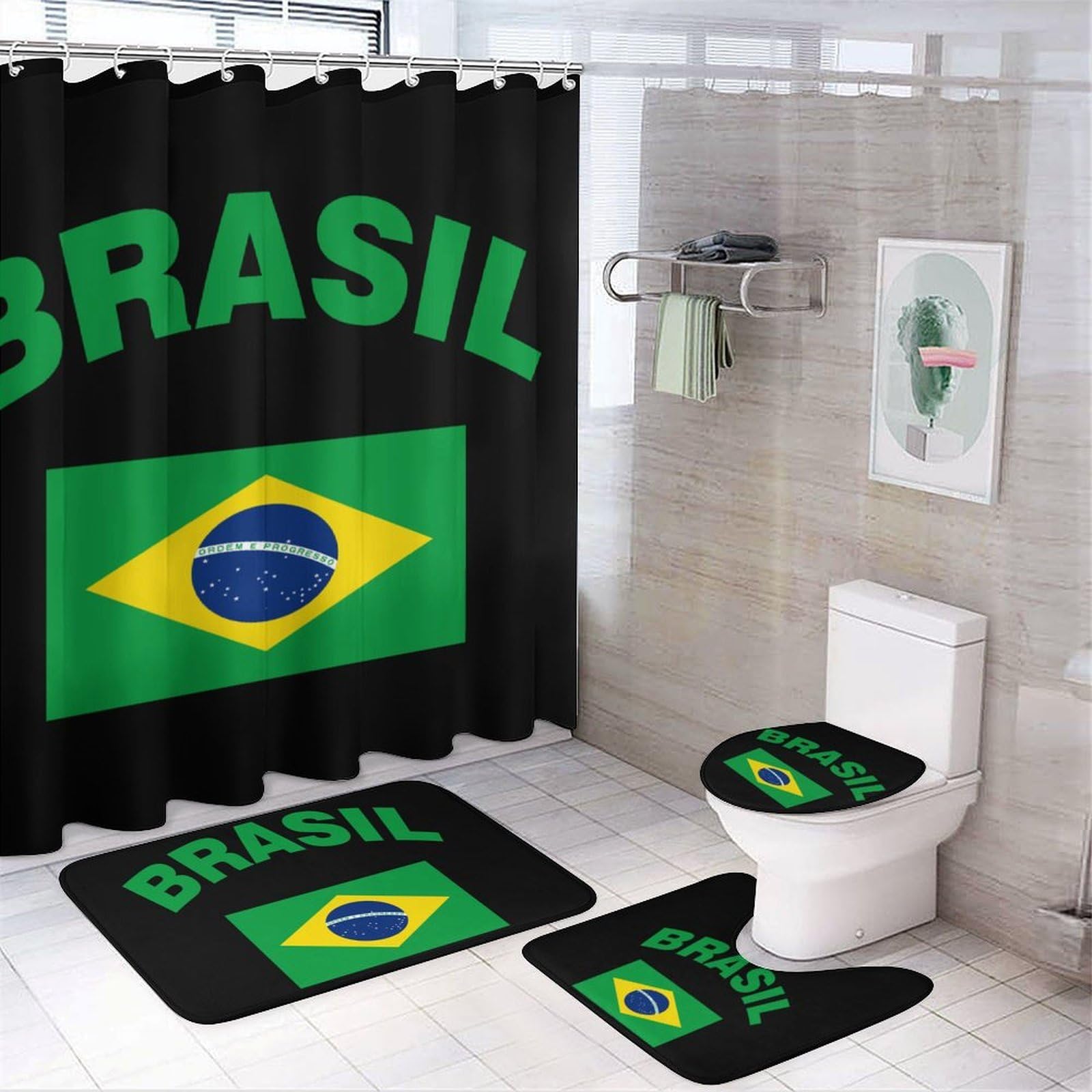 CGSBNGHA Flag of Brazil Shower Curtain Set 4 Piece Bathroom Sets with Rugs Toilet Lid Cover And U-Shaped Floor Mat