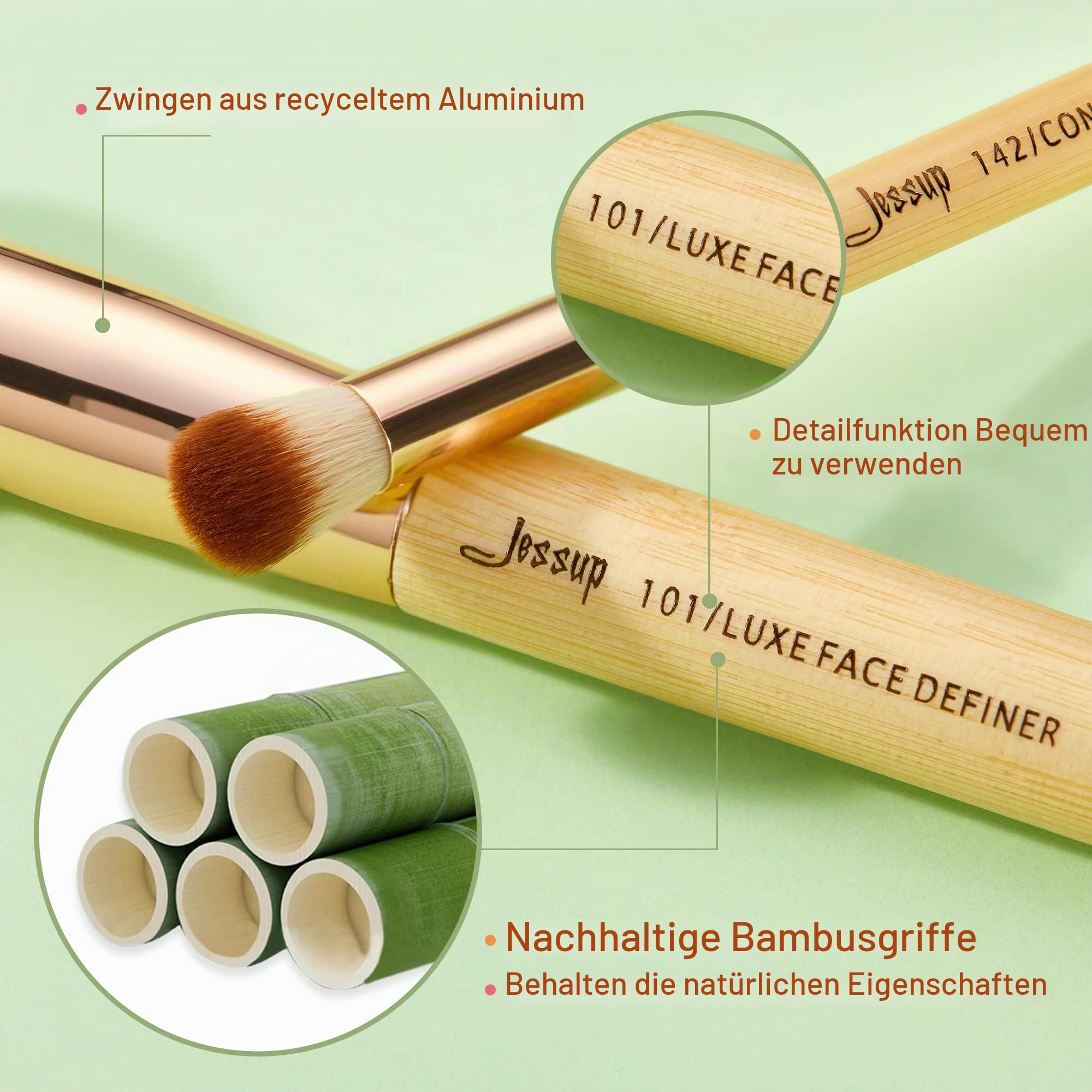 Jessup Make-up-Pinsel-Set aus Bambus T135, 25 Stück, Grundierung, Puder,