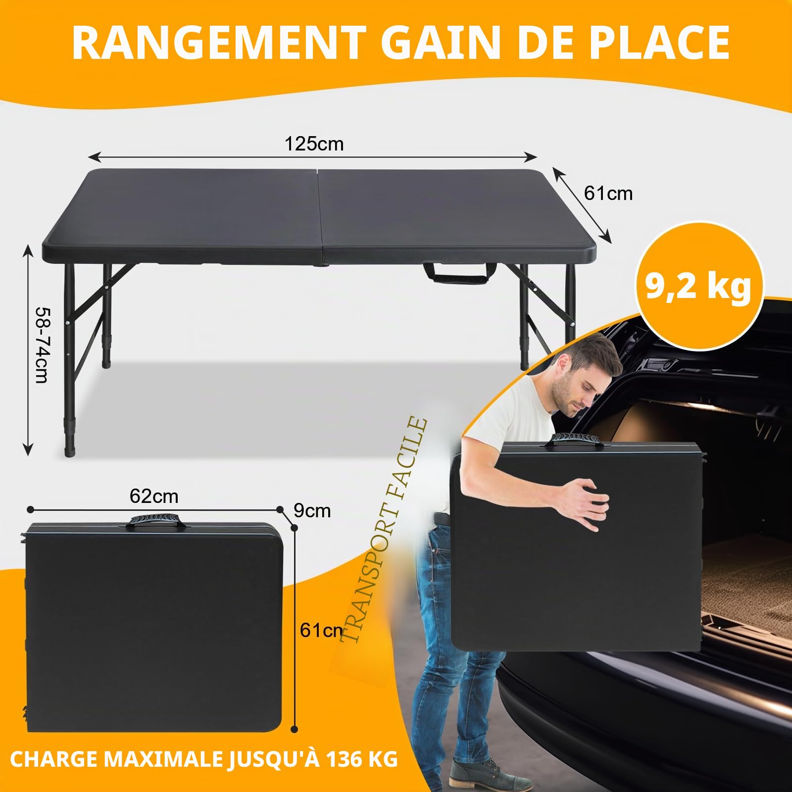 Table pliante 125 x 61 cm en plastique - Table de jardin pliante multifonction avec poignée pour barbecue, camping, fête - Noir