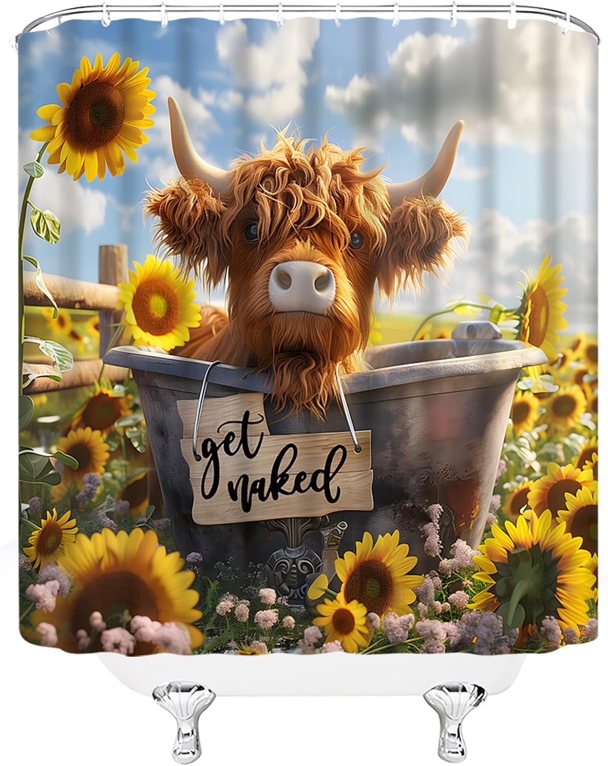 Funny Highland Cow Shower Curtain Western Farm Animal Longhorn Bull Cattle Farmhouse Rustic Sunflower Nature 108" Wx70 H Bathroom Decor Curtain with Hooks