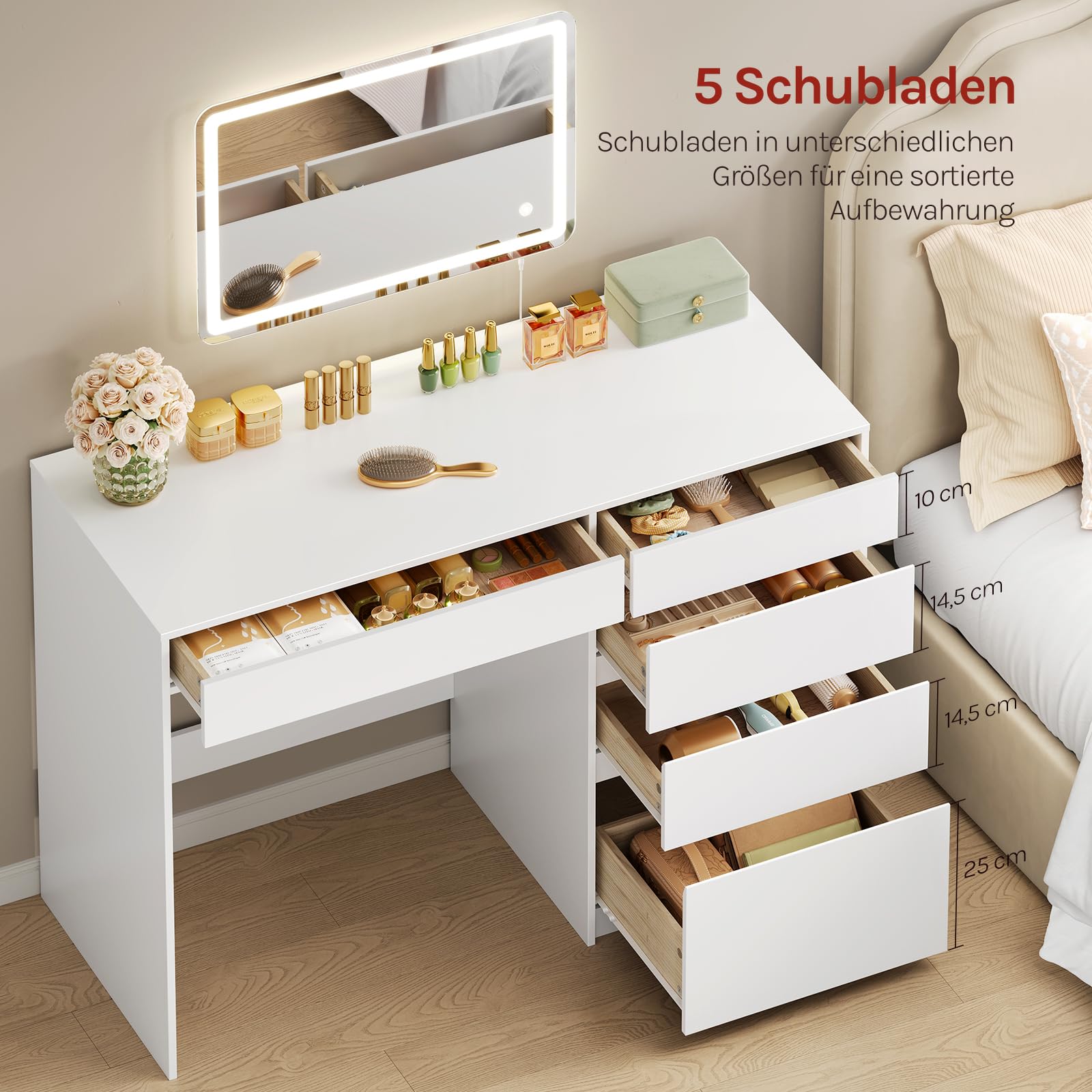 WOLTU 2-in-1 Schminktisch & Schreibtisch, mit LED-Beleuchtung, 5 Schubladen, Frisiertisch mit Wandspiegel 40 x 60 cm, einstellbare Helligkeit, 100x45x75 cm, Weiß für Schlafzimmer, Holz