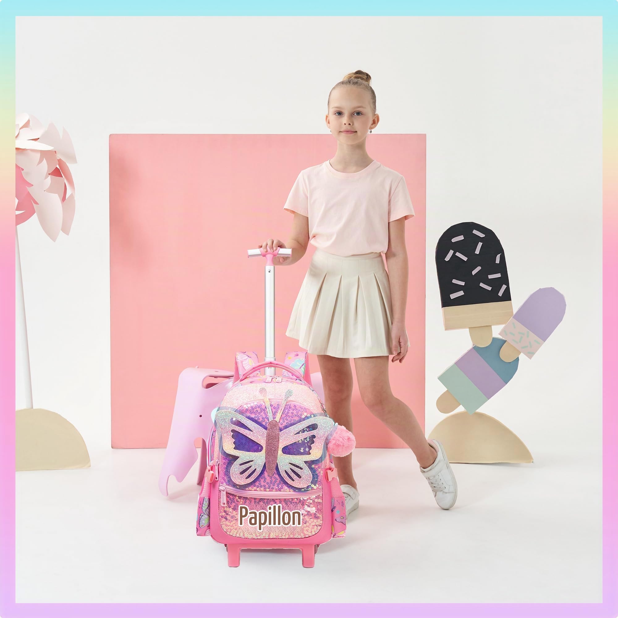 HTgroce Cartable a Roulette Fille Primaire, Cartables Scolaire Trolley Bag Sac à Dos avec roulettes Cartable Ensemble de Sac de Voyage pour L'école, Le Voyage, la randonnée.