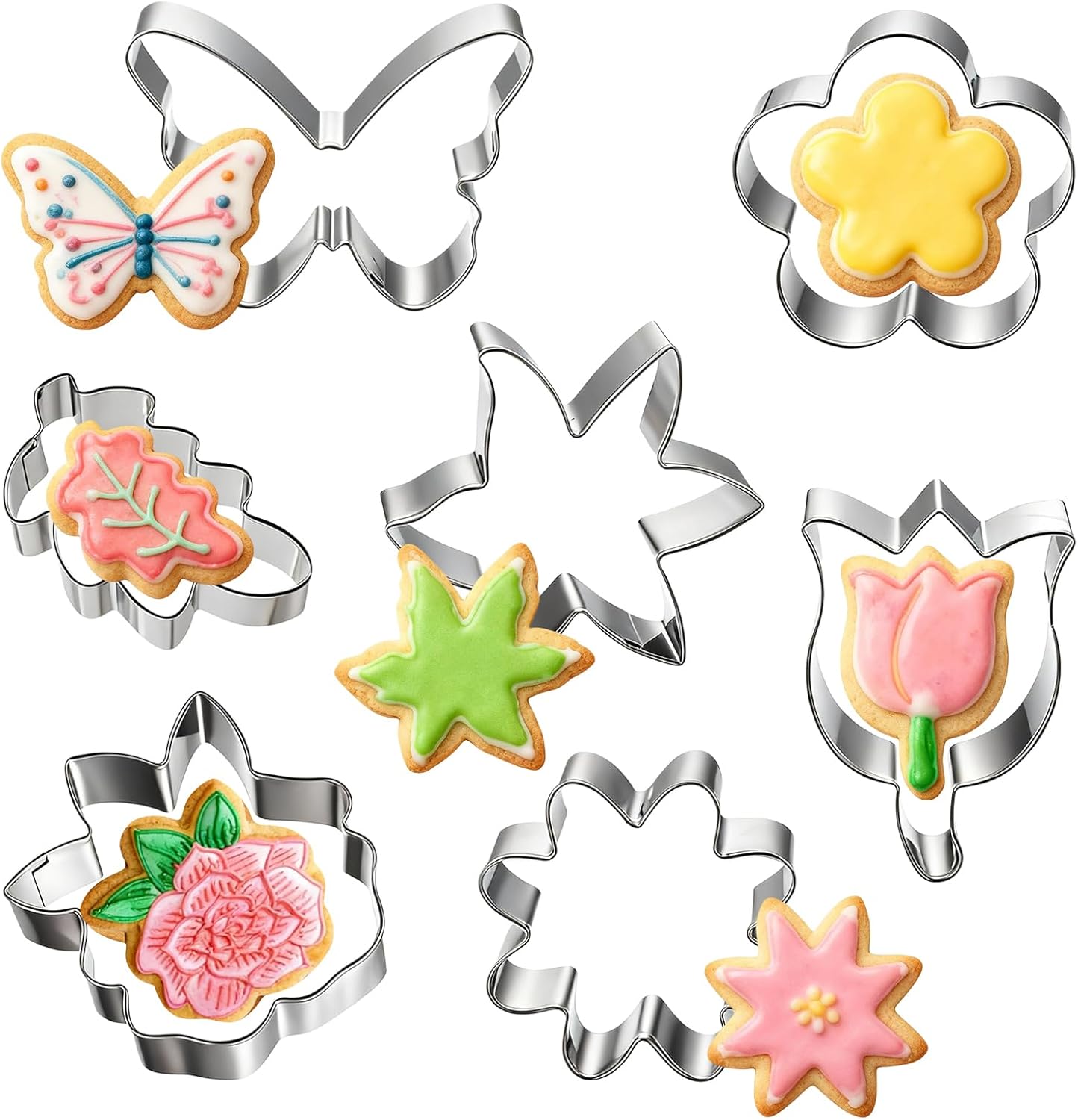 7PCS Flower Cookie Cutter Set, Stainless Steel Summer Floral Cookie Cutter, Daisy, Lily, Rose, Tulip, Oak Leaf and Butterfly Fondant Biscuit Cutters, Christmas DIY Baking Tool for Homemaking Cookie