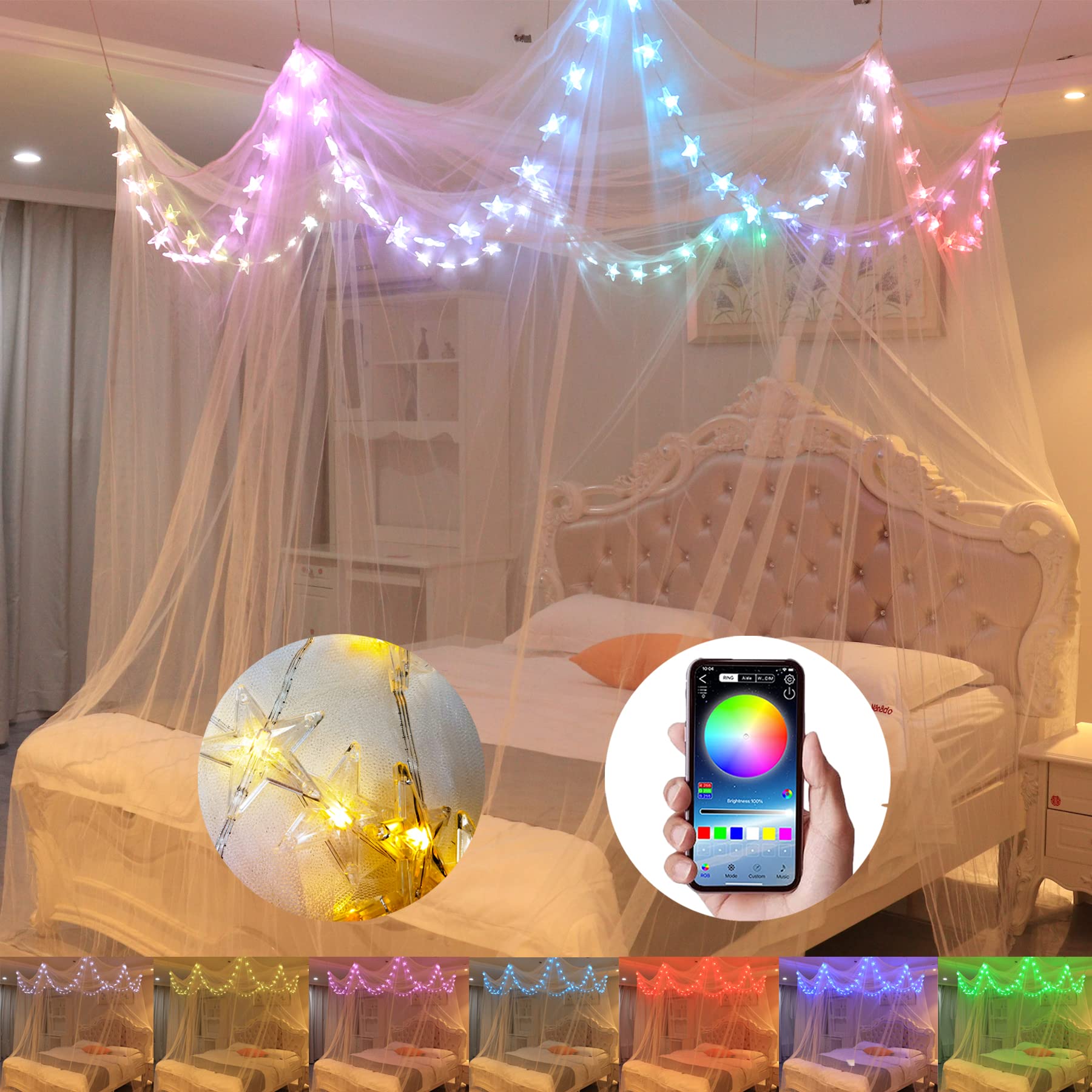 Comtelek Bed Canopy with LED Star Lights, Canopy Bed Curtain with RGB Color Changing String Lights with Smart App Control Remote for Princess Girls Bedroom, Suggested for Twin Full Queen King Bed: Rgb White