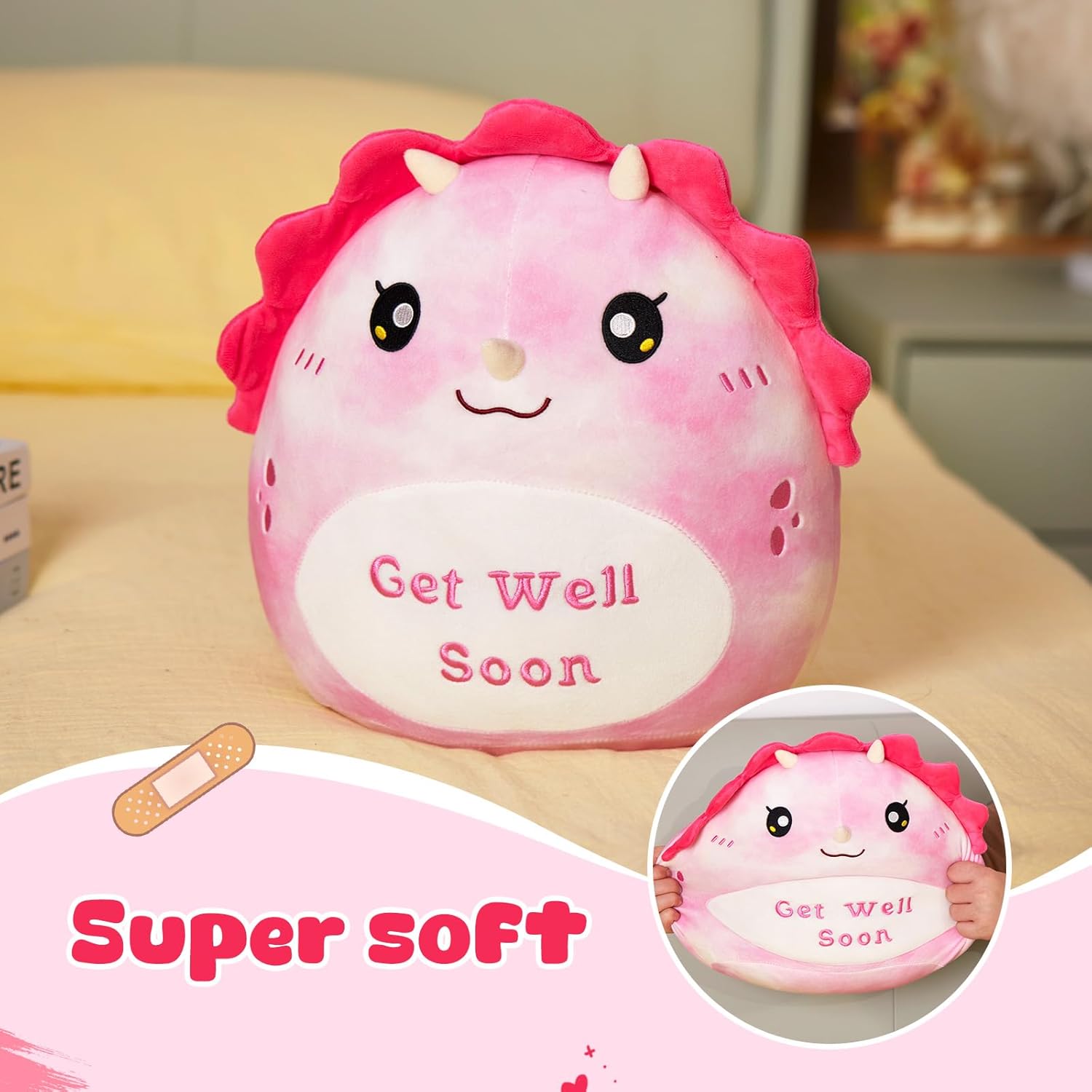 WEWILL 12'' Get Well Soon Dinosaur Soft Plush Pillow, Pink Triceratops Stuffed Animal Toy Gifts for Toddler Kids Boys Girls