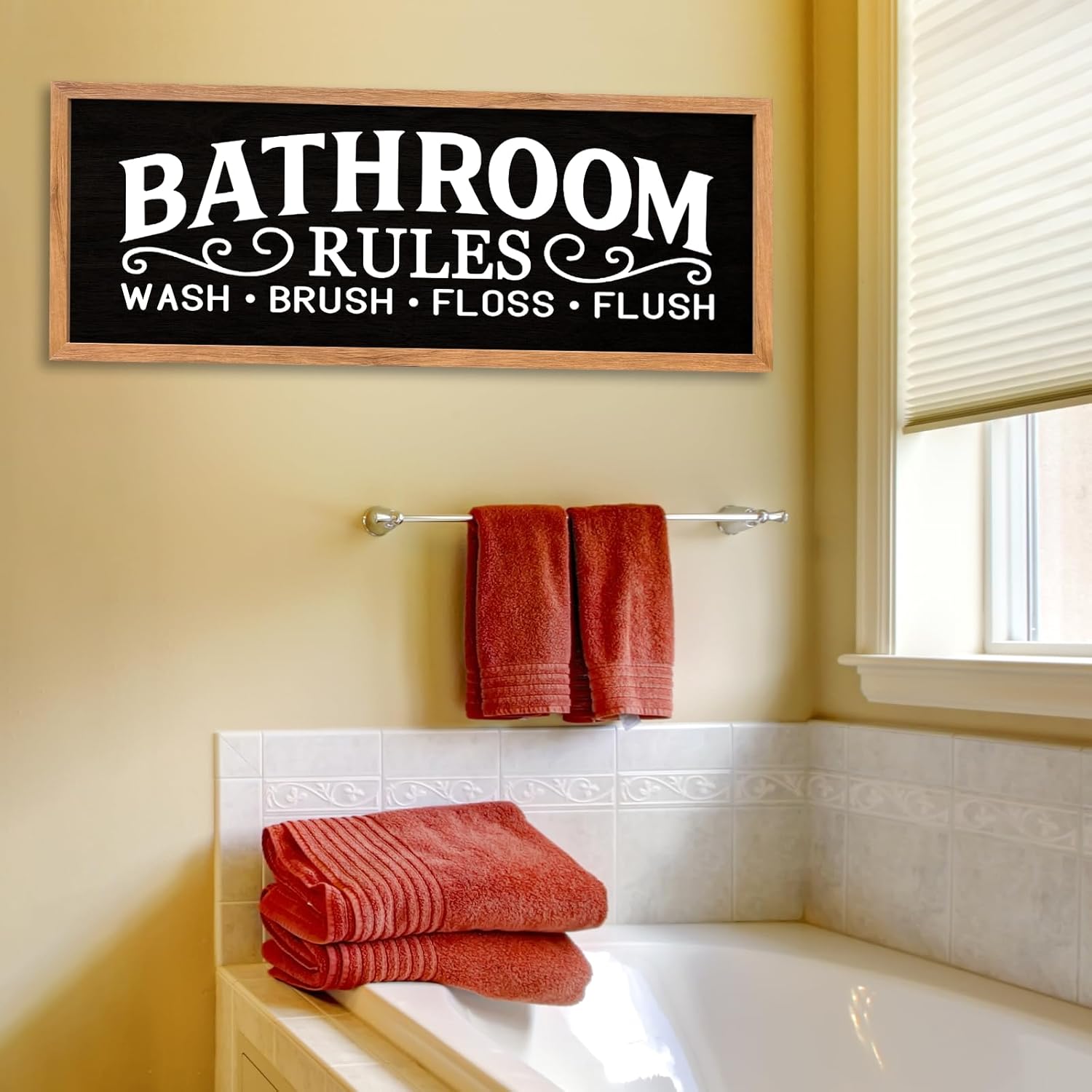 AuraPeak Bathroom Rules Wash Brush Floss Flush Wall Decor Funny Wooden Quote Sign Home Farmhouse Laundry Room Restroom Toilet Shelves Hanging Art Wall Decor (Wood Black 32"×12")